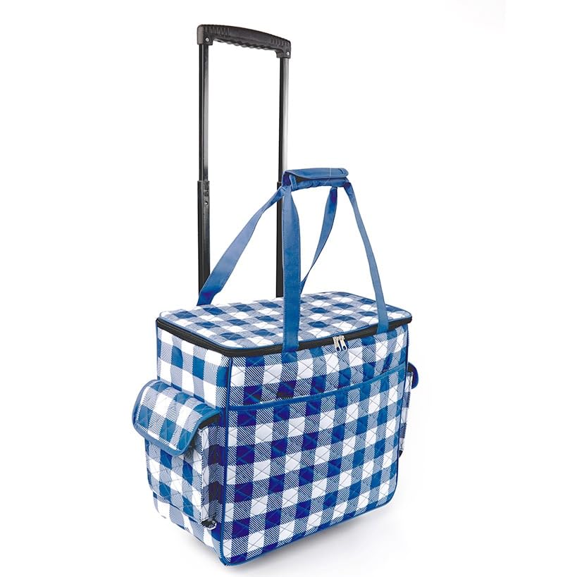 Rolling Sewing Machine Tote Bag - Navy Buffalo Check Pattern, Portable Craft Storage for Quilting & Sewing Projects, Perfect for Travel & Workshops