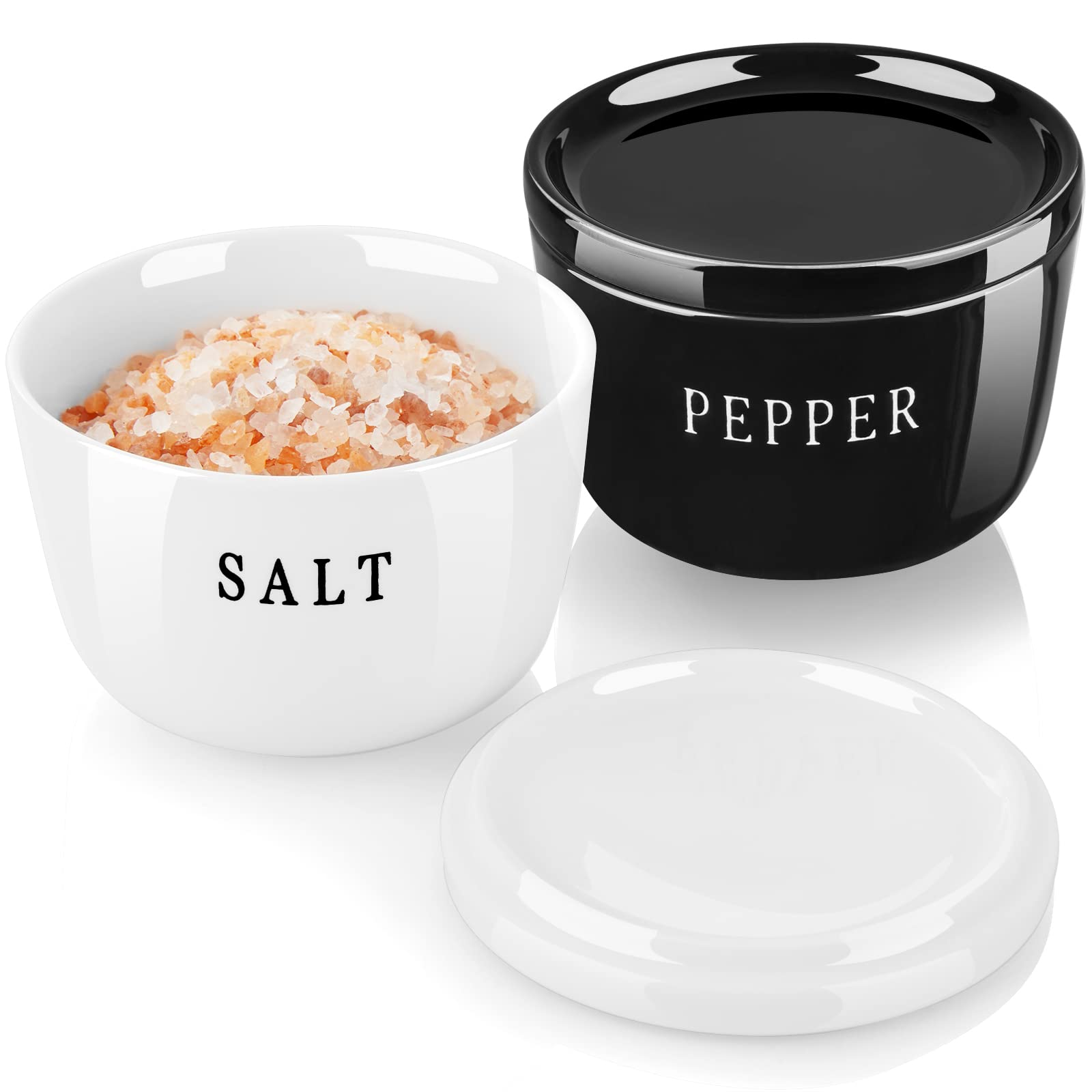 ALELION 10 oz Farmhouse Salt and Pepper Bowls Set with Lid - Modern Black & White Salt Cellar for Kitchen Countertop | Farmhouse Decor, Housewarming Gift for New Home (2-Piece Set) - Perfect for Dining Table, Kitchen Island & Farmhouse Style Decorating