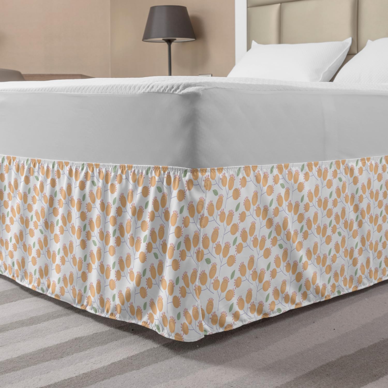 Ambesonne Floral Elastic Bed Skirt - Modern Abstract Botanical Flowers Design, Wrap Around Dust Ruffle for King Size Beds, Peach Pale Almond Green | Perfect for Bedroom Decor & Guest Room Styling