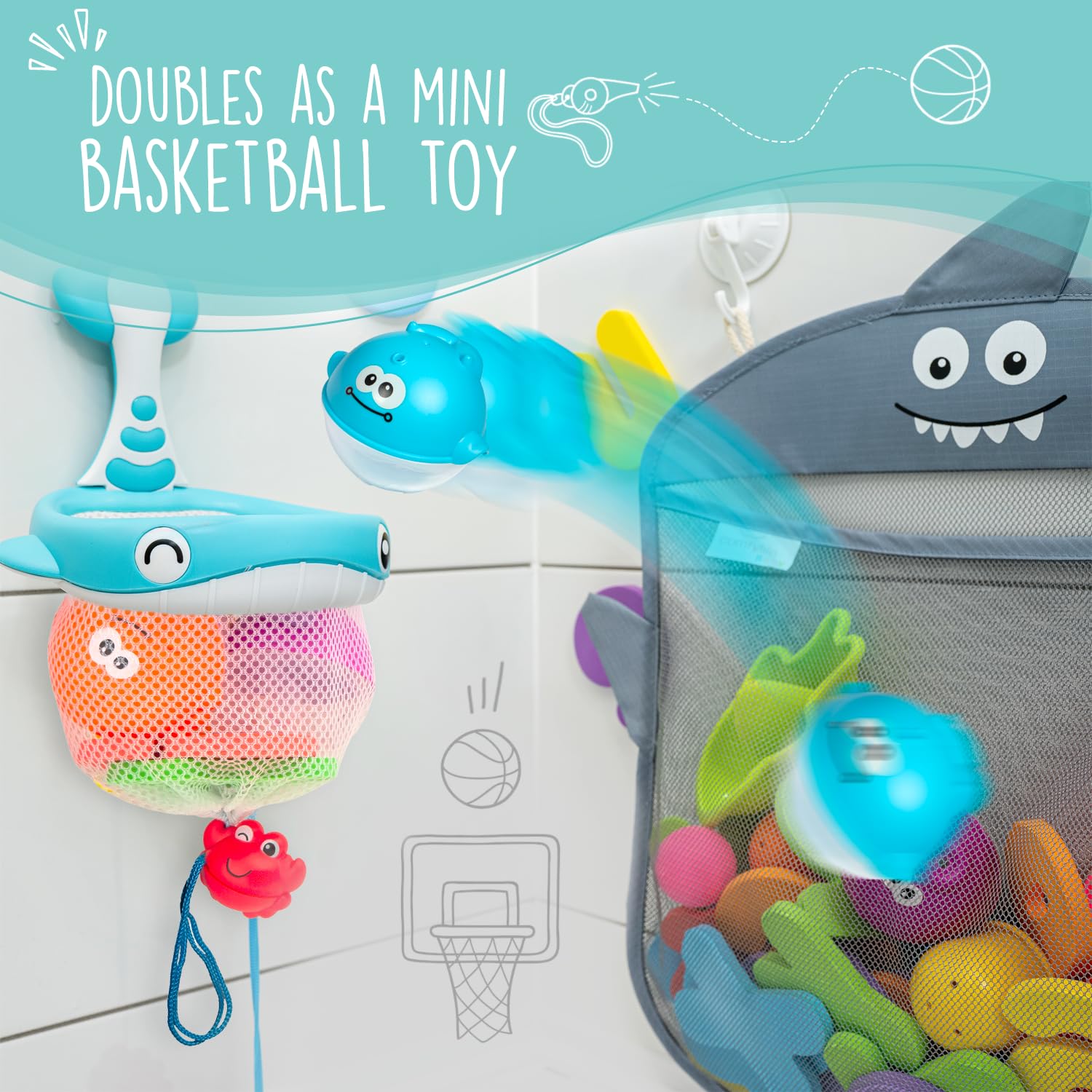 Comfylife Baby Bath Toy Organizer with Foam Numbers, Letters & Squirty Toys - Waterproof Shower Storage Net for Bathtub - Perfect for Toddler Bath Time Fun & Bathroom Organization