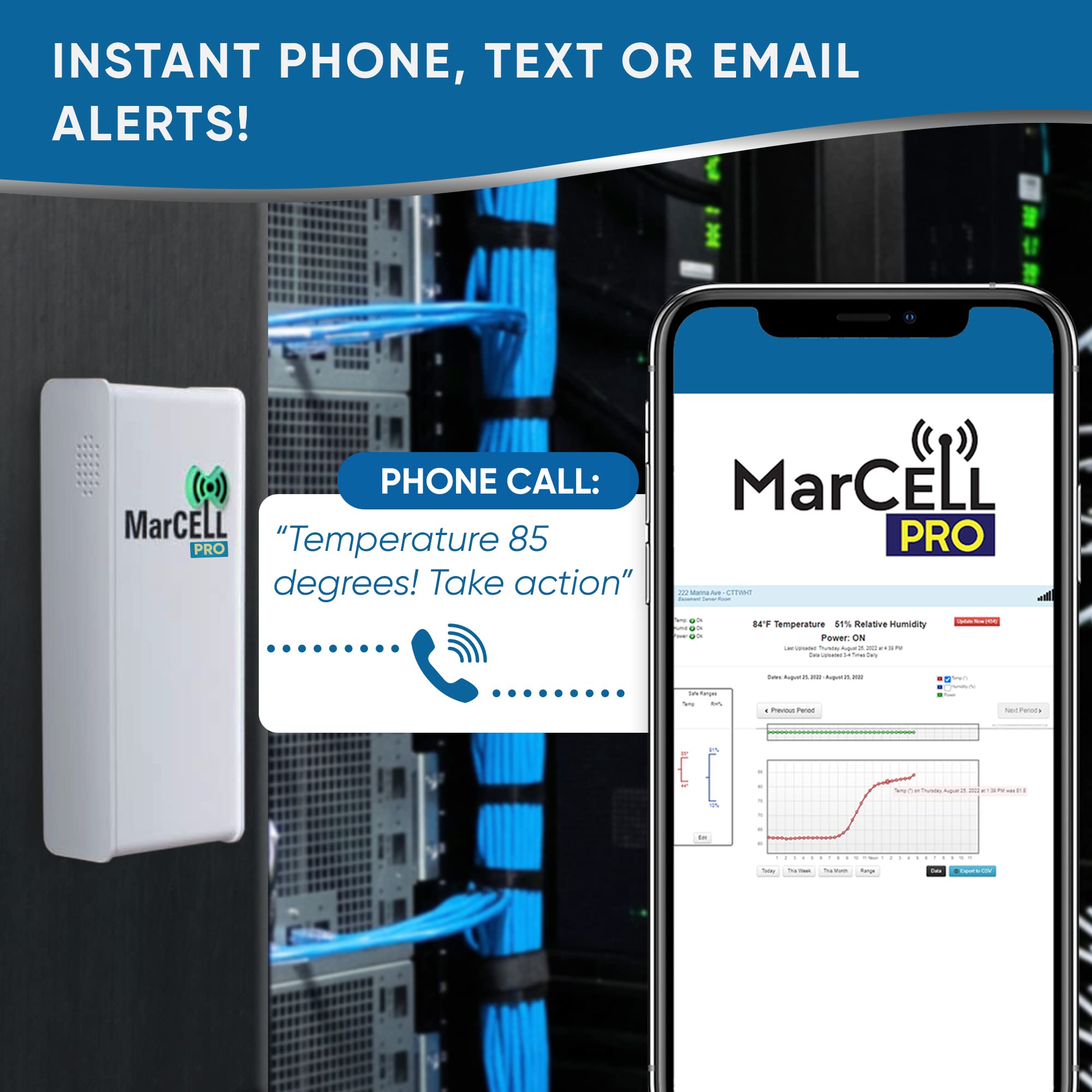 MarCELL PRO - Professional Wireless Temperature & Humidity Monitor with Leak Detection - No WiFi Required - Ideal for RV, Server Room, Freezer & Home Use - Instant Phone Alerts - Made in USA - Perfect for Remote Property Monitoring & Smart Home Automation