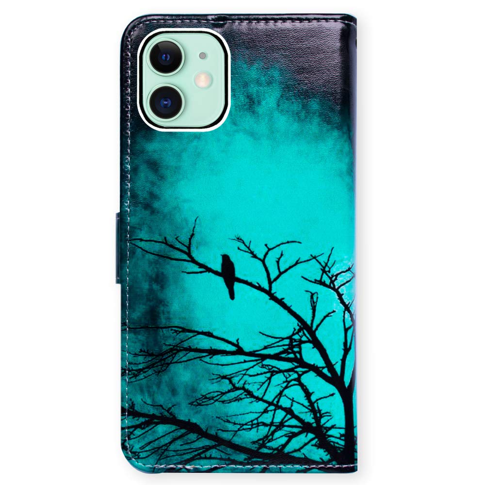 Premium Leather Flip Wallet Case for iPhone 12 Mini - Black Bird Green with Card Slots & Kickstand | Slim Protective Cover for Everyday Use, Travel & Business