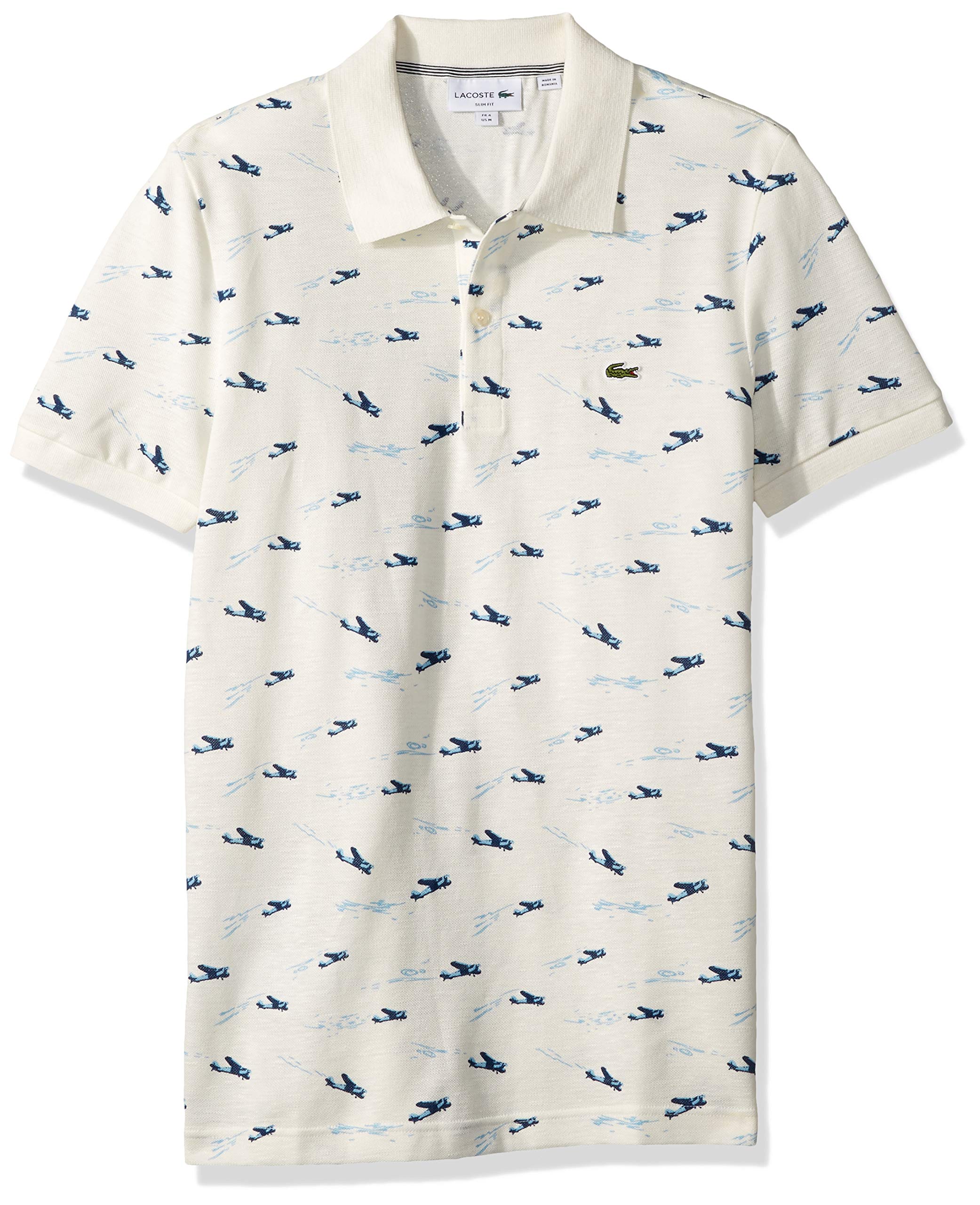 Lacoste Men's Short Sleeve Slim Fit Printed Pique Polo Shirt - Breathable Cotton, Fashion Casual Wear for Golf, Office & Summer Outings, Flour/Multi, Size S
