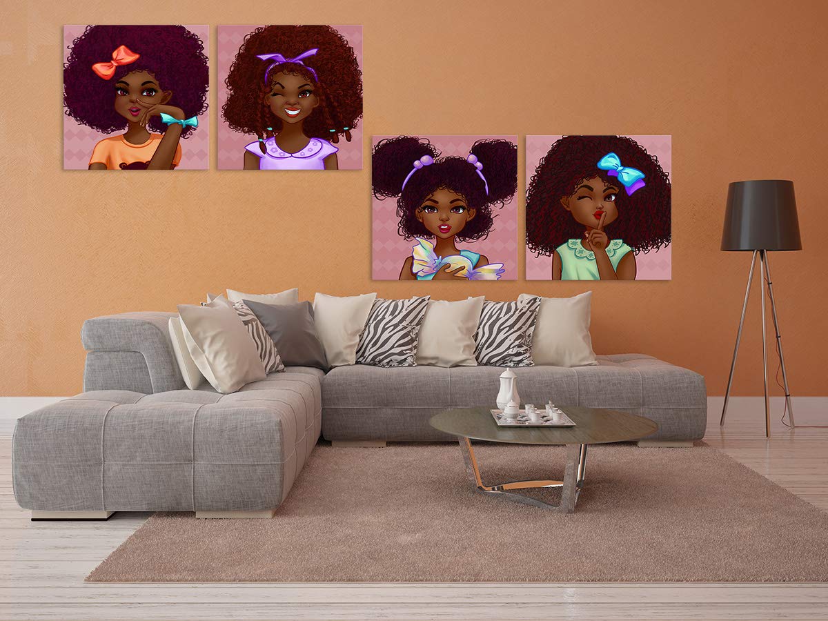 AMEMNY 4-Panel African American Girl Abstract Wall Art Painting - Modern Graffiti Style Canvas Prints for Living Room, Bedroom & Bathroom Decor - Stretched & Framed Ready to Hang (13