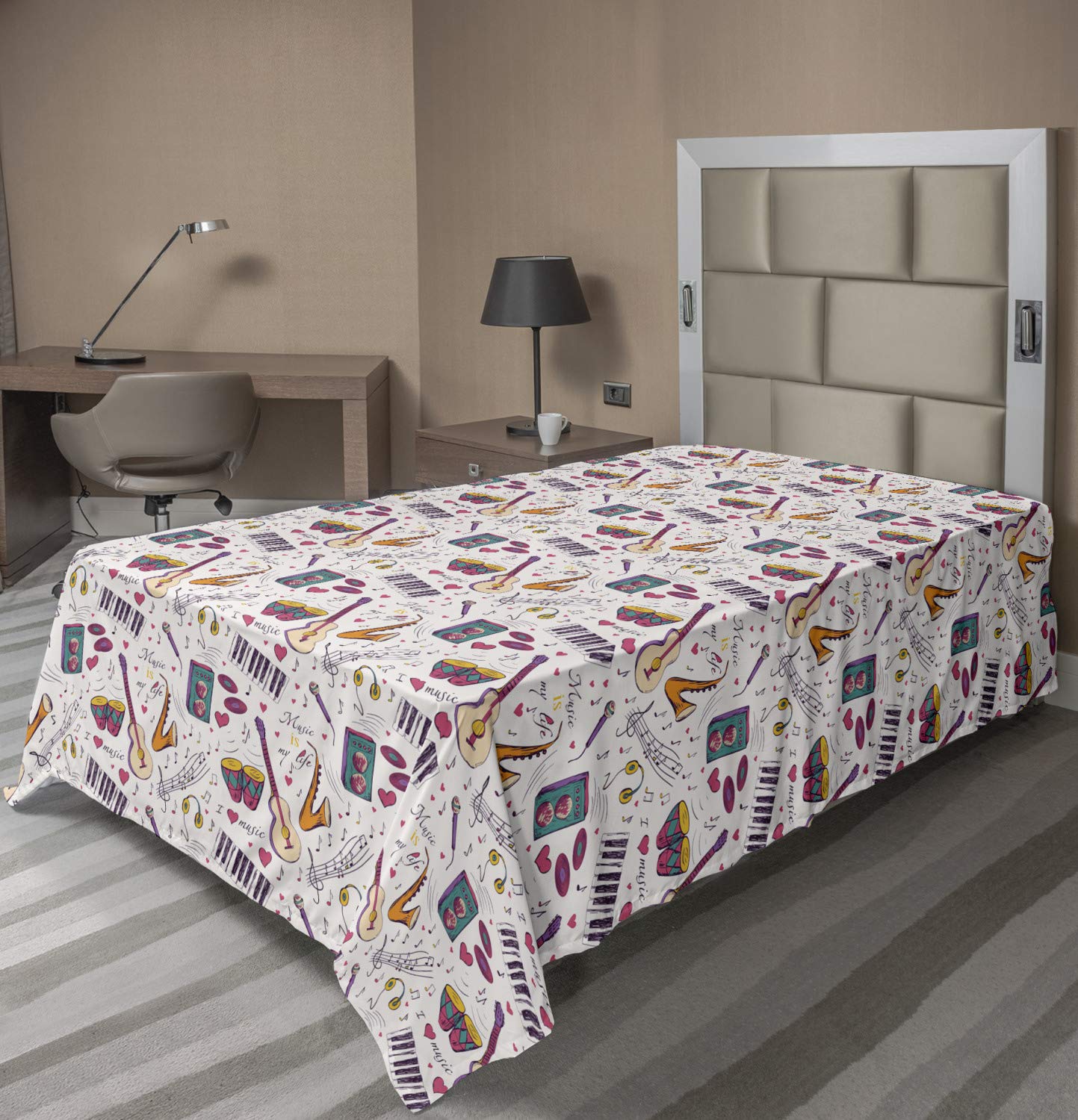 Ambesonne Music Themed Flat Sheet - Twin XL Size, Soft & Comfortable Decorative Bedding with Instruments, Drums, Speakers, Headphones Design - Perfect for Music Lovers' Bedrooms, Dorm Rooms & Gift Ideas