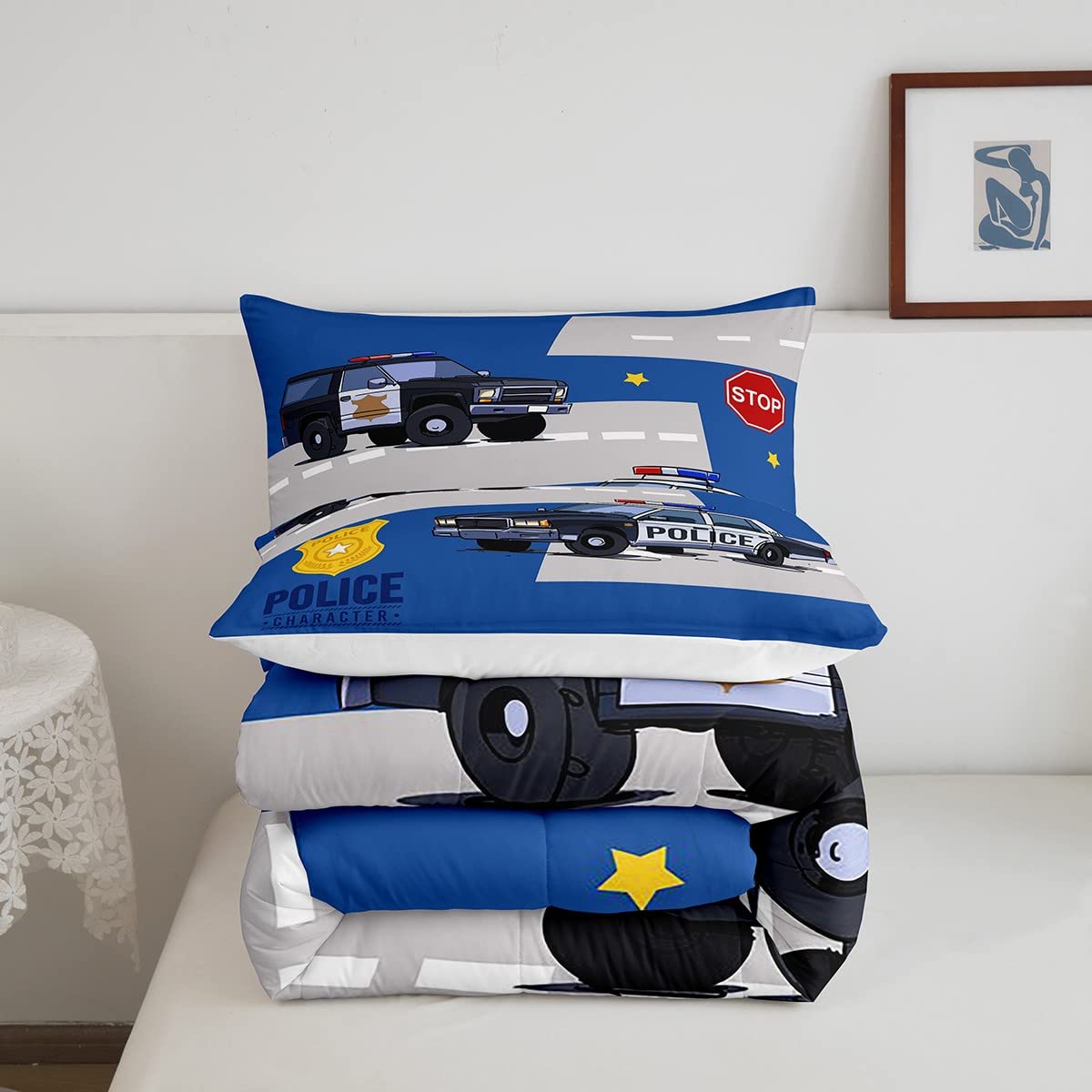 Erosebridal Police Car Comforter Set for Kids - Twin Size Cartoon Policeman Bedding with Badge Quilt & Pillowcase (Blue/Grey) | Perfect for Boys' Room Decor, Themed Sleepovers & Police Car Lovers
