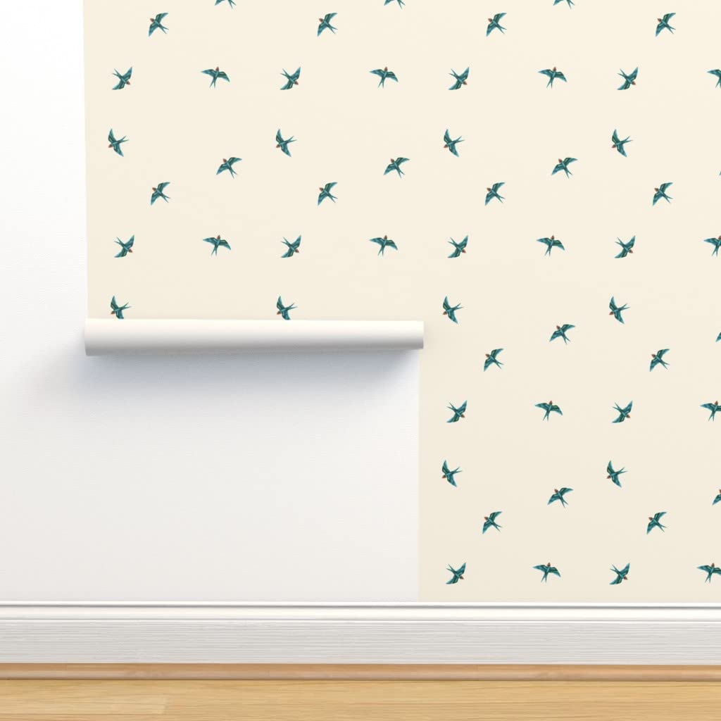12ft x 2ft Peel & Stick Removable Wallpaper - Retro Natural Cream with Scattered Blue Birds Nature Design | Self-Adhesive Wall Decal for Bedroom, Nursery, Living Room & Office Decor