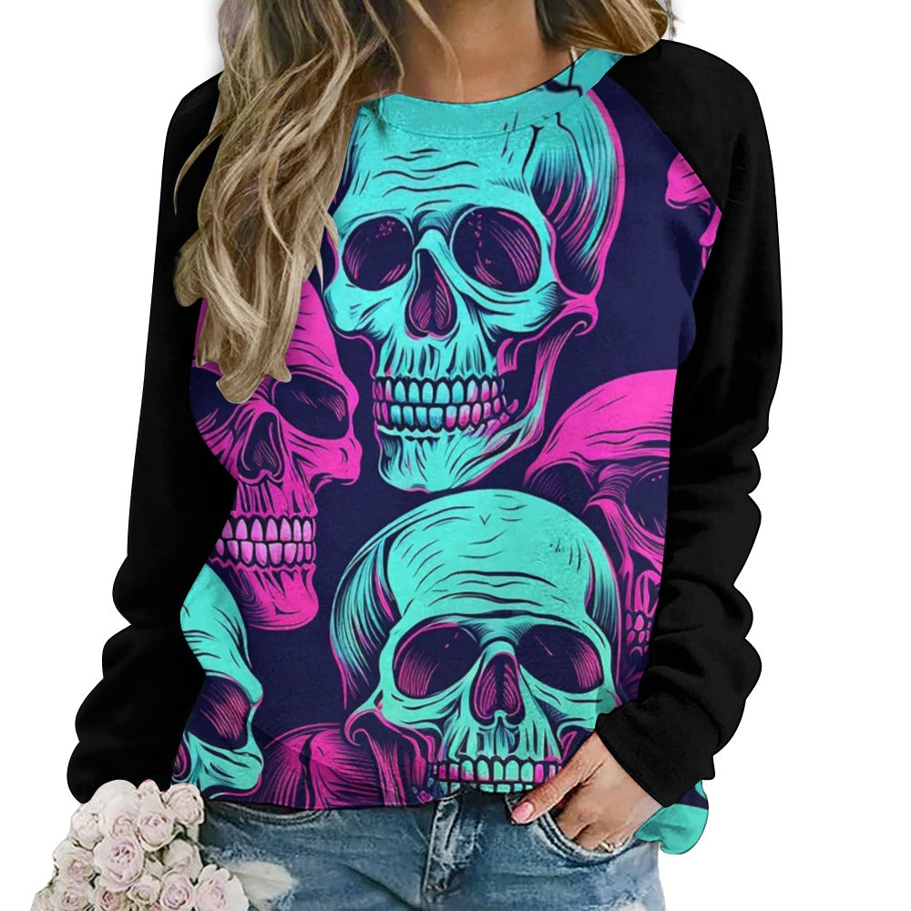 Trendy Neon Skulls Raglan Round Neck Sweater for Women - Soft & Comfortable Pullover - Perfect for Halloween, Concerts & Streetwear Fashion