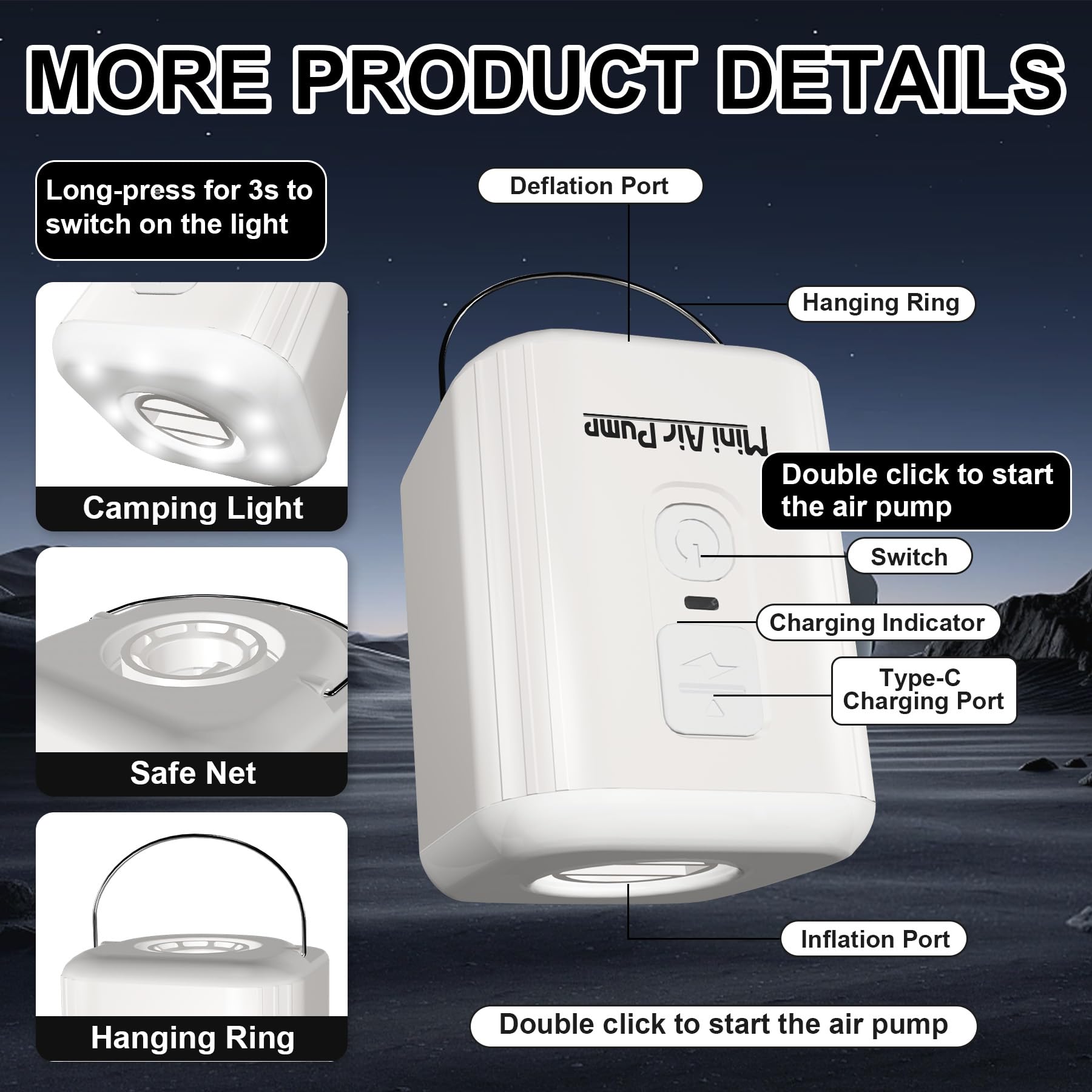 Portable Electric Air Pump for Inflatables - 1600mAh Rechargeable Battery with Built-in Camping Light | Fast Inflation for Air Mattress, Pool Floats, Swimming Rings & Vacuum Storage Bags | Perfect for Camping, Travel, Beach & Home Use