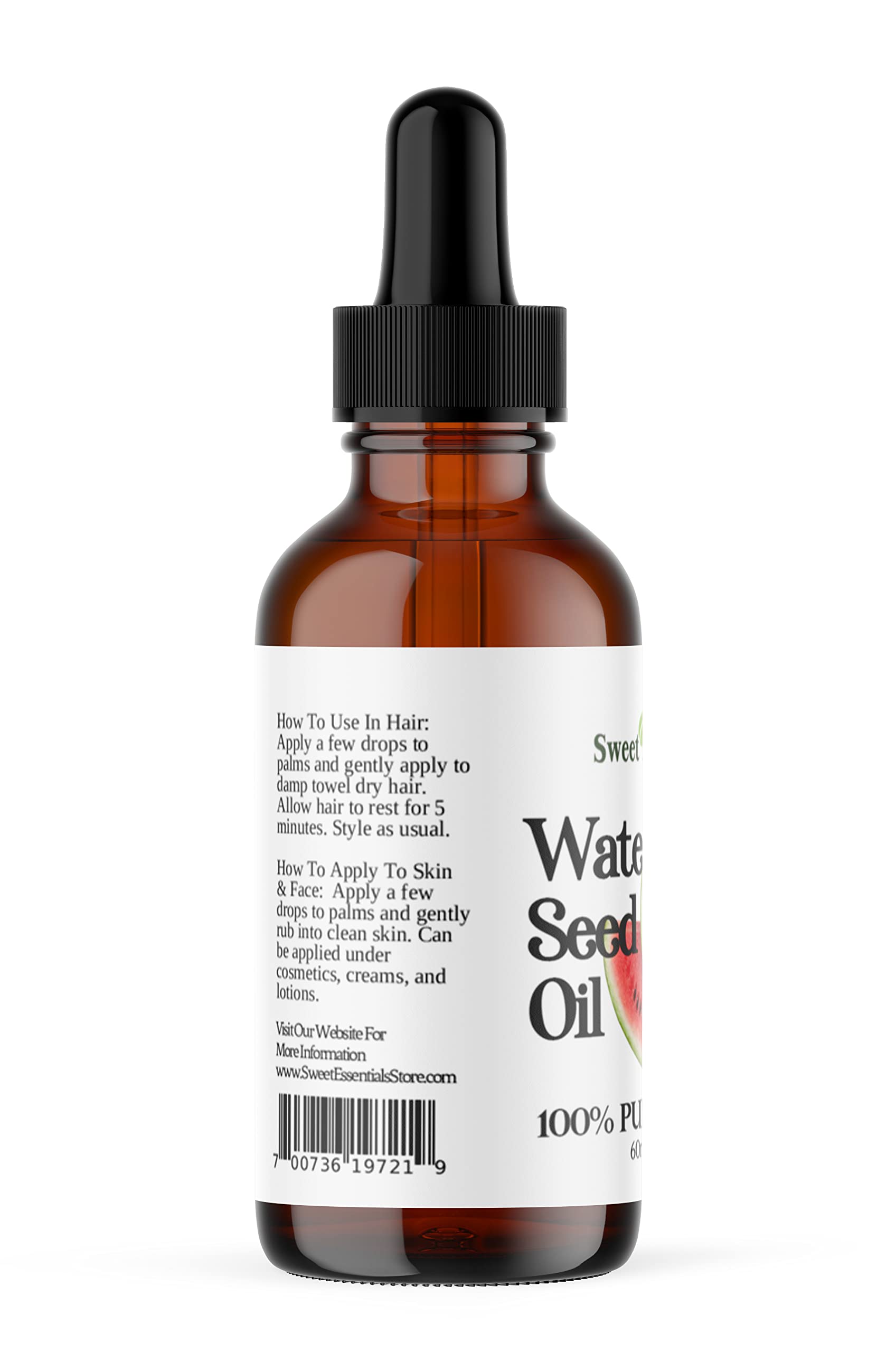 100% Pure Organic Watermelon Seed Oil - Cold-Pressed, Natural Moisturizer for Skin, Hair & Face Care | Imported from Egypt | 2 fl oz Glass Bottle by Sweet Essentials | Perfect for DIY Beauty Recipes, Massage Therapy & Aromatherapy