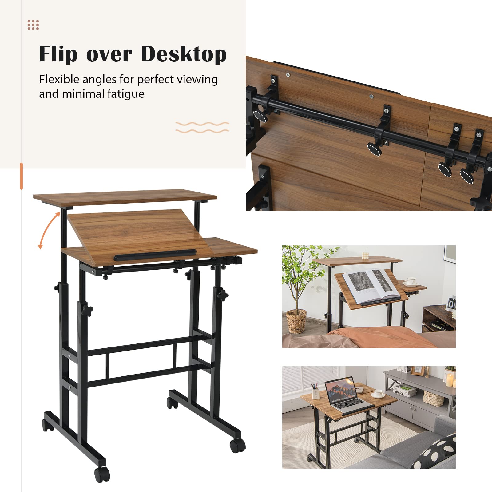 Tangkula Adjustable Height Mobile Standing Desk - Sit Stand Workstation with Tilting Tabletop & Wheels for Home Office, Rolling Laptop Cart (Walnut) | Perfect for Remote Work, Small Spaces & Ergonomic Workspaces