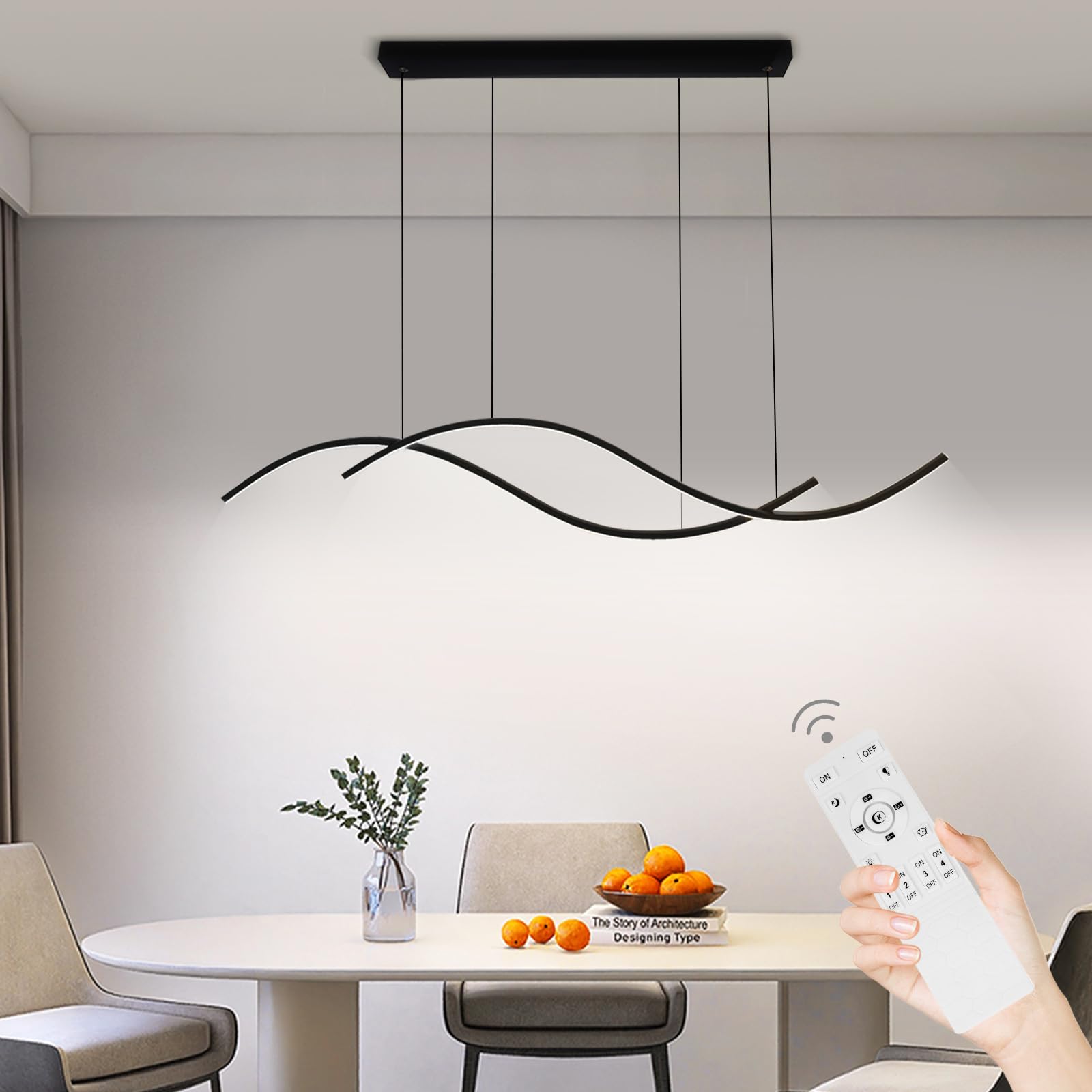 Dimmable Black LED Pendant Light - Modern Wave Chandelier for Kitchen Island, Dining Room & Bedroom | Energy-Efficient Hanging Light Fixture for Table, Counter & Living Spaces