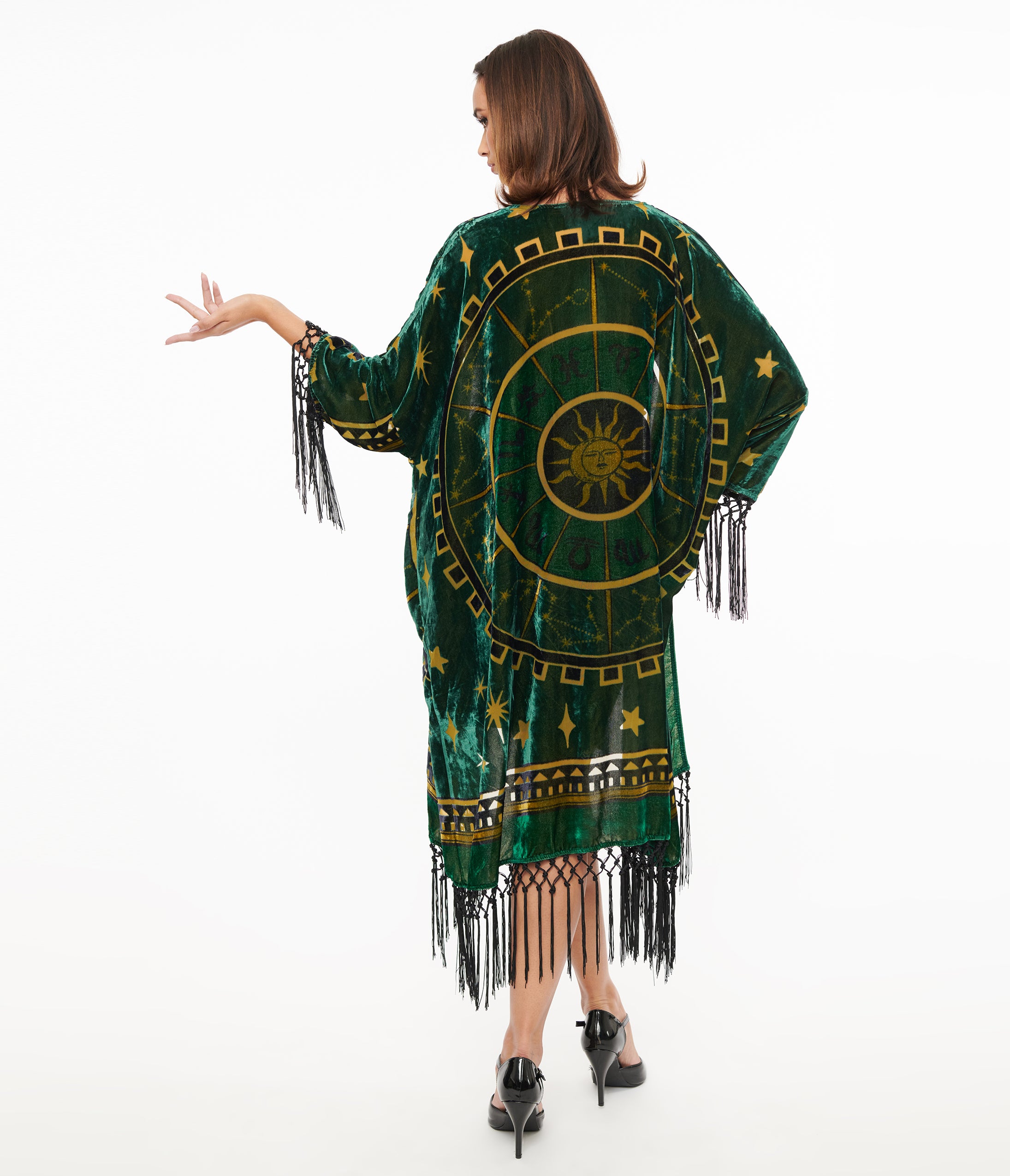 Vintage 1930s Emerald Green Gold Zodiac Print Burnout Velvet Fringe Kimono Jacket - Retro Bohemian Loungewear for Women, Perfect for Parties, Festivals & Home Relaxation