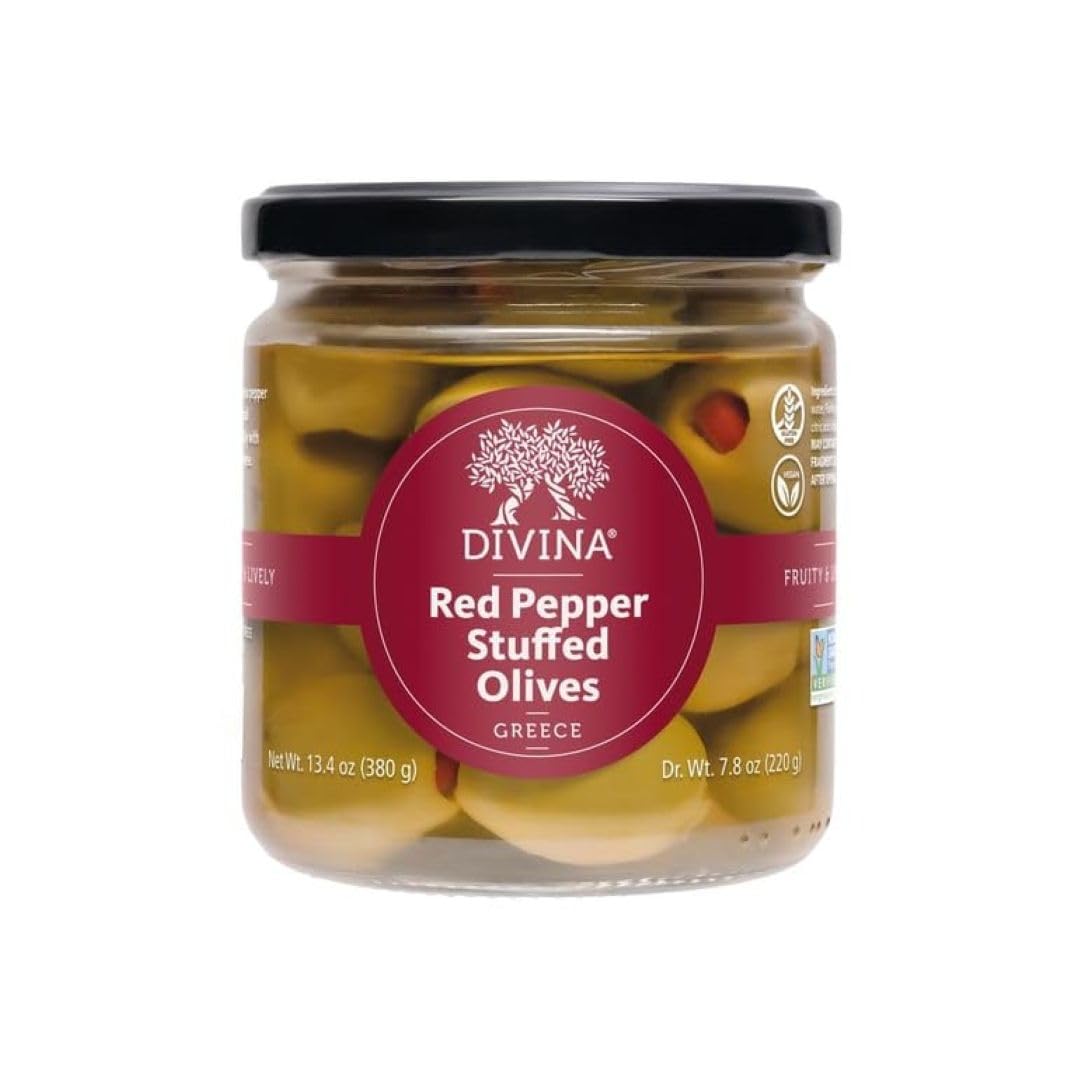Divina Stuffed Olives with Red Peppers, 13.4 oz Jar (Pack of 1) | Premium Mediterranean Snack for Charcuterie Boards, Salads & Cocktails
