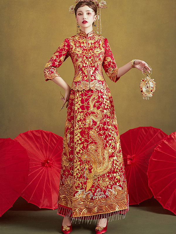 Elegant Red Chinese Wedding Dress Qun Gua with Dragon & Phoenix Embroidery - Traditional Bridal Gown for Tea Ceremony & Reception