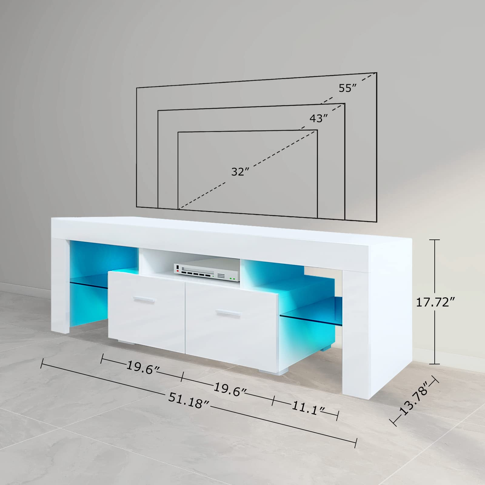 BNSPLY 55 Inch TV Stand with LED Lights - Modern Smart TV Cabinet for Living Room, High Gloss White Entertainment Center with Storage Shelves & 2 Drawers - Perfect for Home Theater, Gaming Setup & Living Room Decor