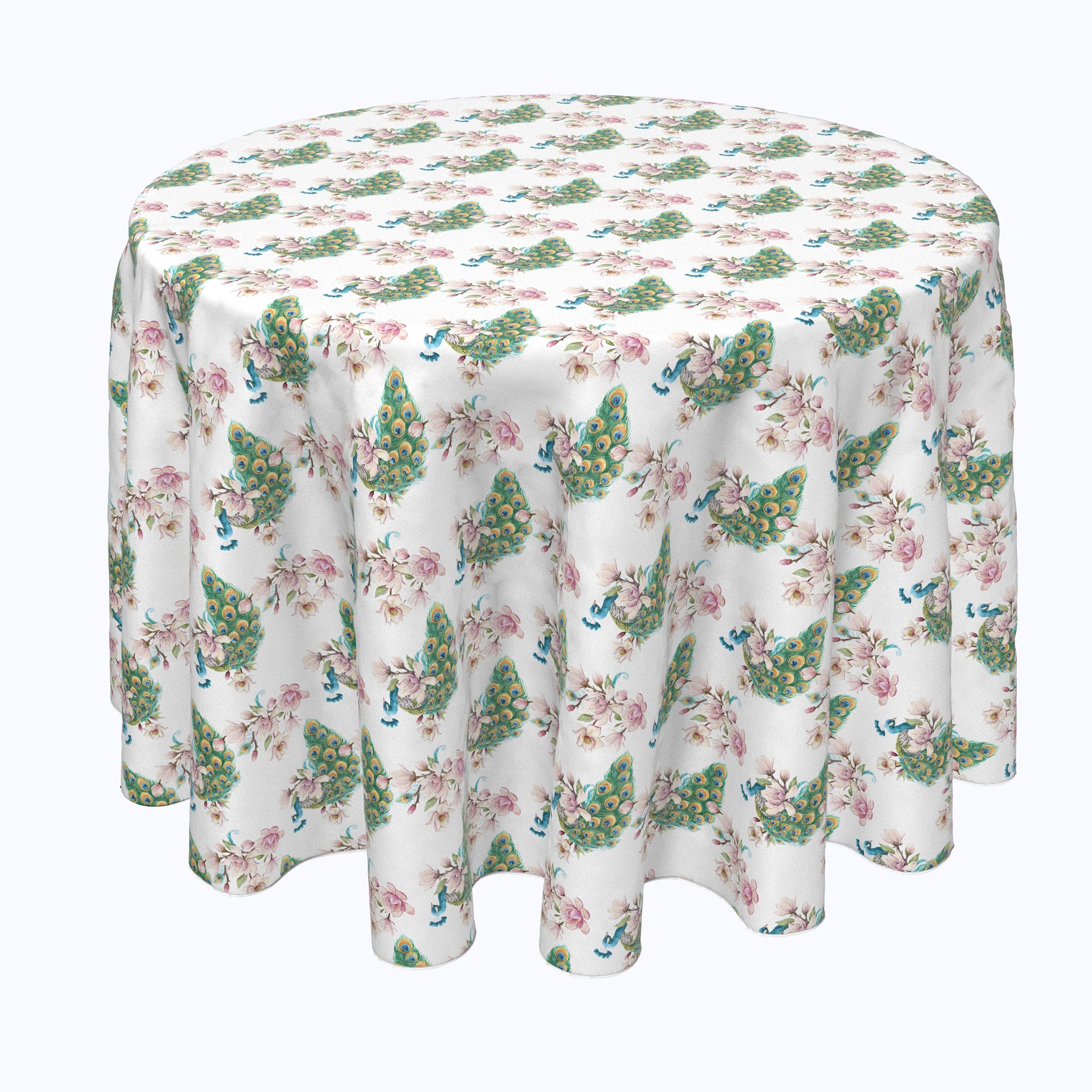 90 Inch Round Tablecloth - 100% Polyester Watercolor Peacock & Floral Design - Perfect for Weddings, Parties & Home Decor