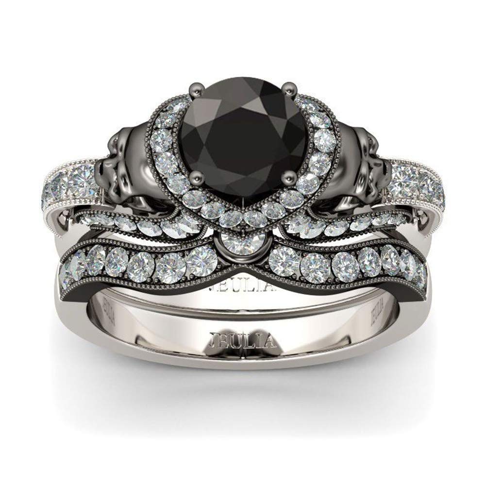 Jeulia Black Diamond Wedding Ring Set for Women & Men - 925 Sterling Silver Skull Twist Rings, Nightmare Before Christmas Jewelry, Halloween CZ Solitaire Anniversary Promise Rings - Perfect for Gothic Weddings, Halloween Costumes & Alternative Fashion Lovers