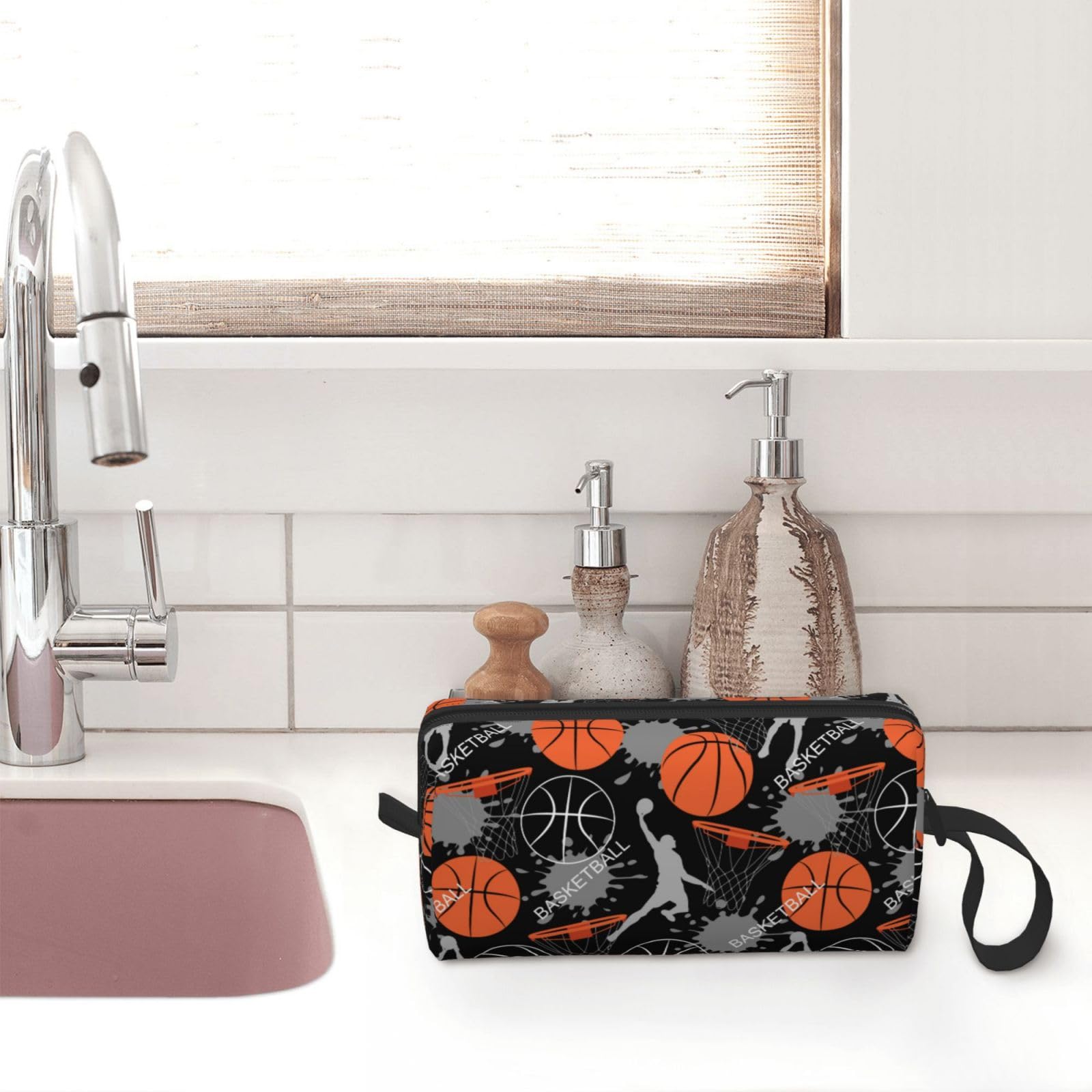 Portable Travel Toiletry Bag with Handle - Small Cosmetic Organizer for Women & Girls | Waterproof Zippered Makeup Pouch for Basketball, Sports & Gym Essentials | Perfect for Travel, Gym & Daily Use