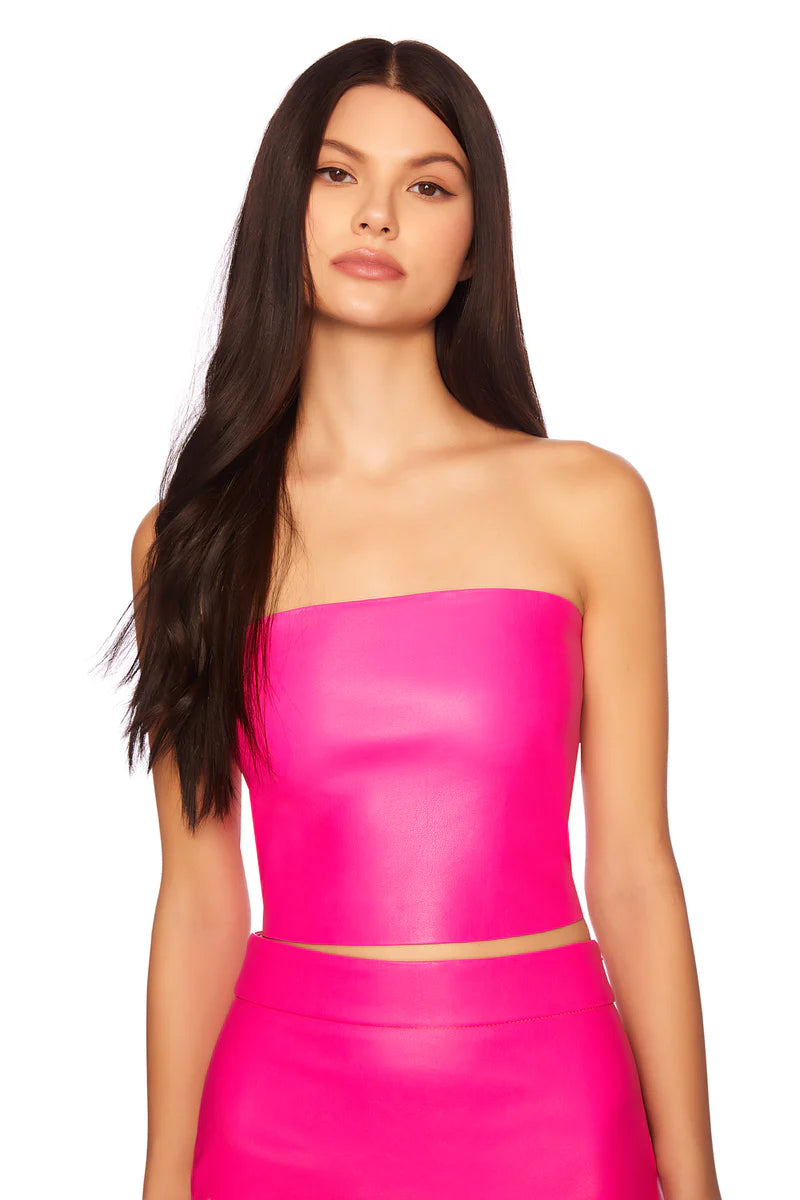 Pink Faux Leather Crop Tube Top - Women's Fashion Stretch Vegan Leather Shirt for Night Out, Party, and Casual Wear
