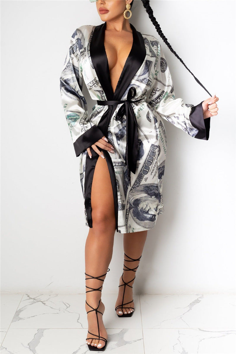Hirigin Women's Aesthetic Long Sleeve Cardigan Midi Bandage Dress - Sexy Fall Fashion Loungewear & Pajama Set for Date Night, Home Relaxation, and Casual Outings