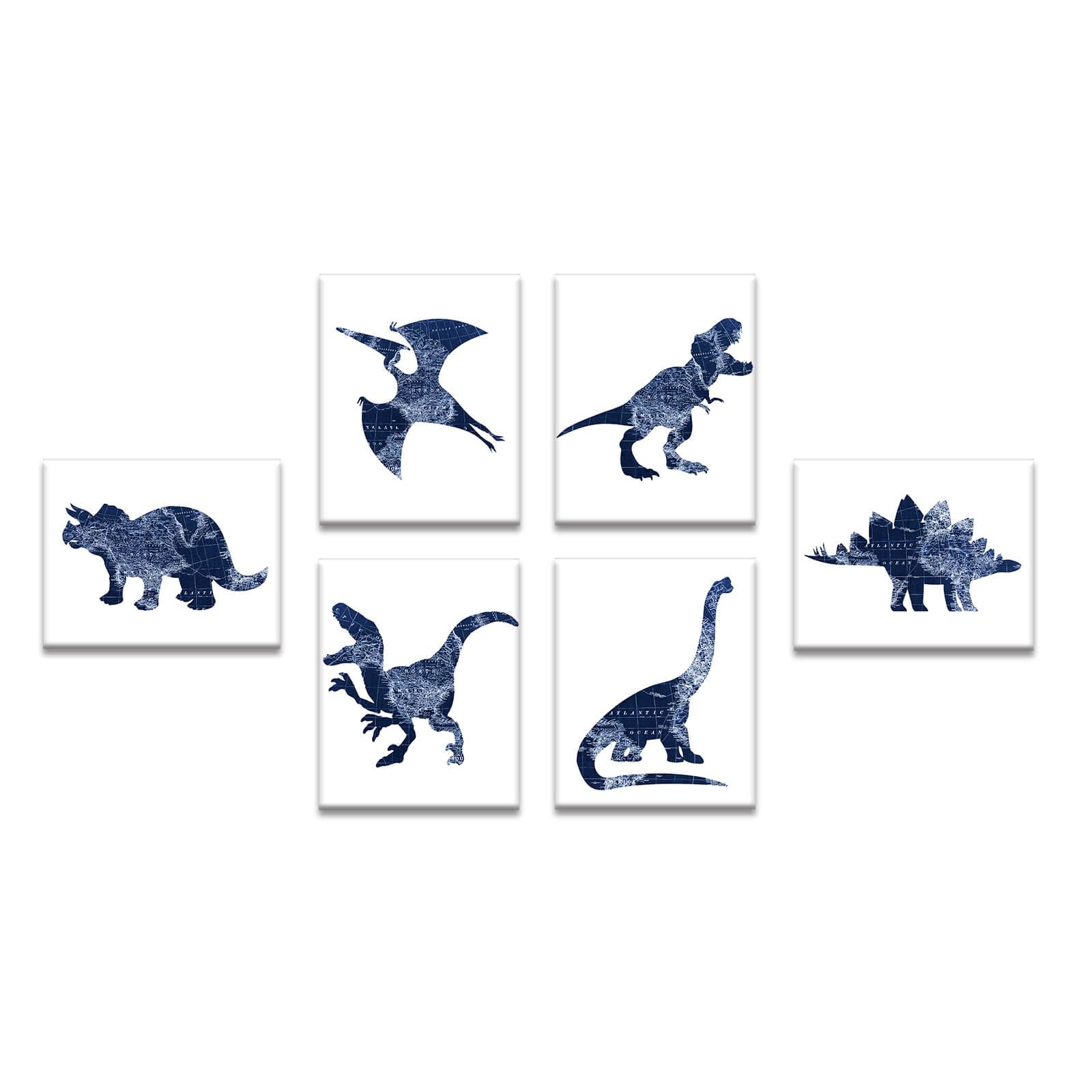 Navy Blue Dinosaur Wall Art Decor Set - 6 Pack 8x10 Inch Stretched Canvas Prints for Boys Room, Kids Bedroom & Nursery - Jurassic Themed Dinosaur Wall Decals & Room Decorations | Perfect for Dinosaur Lovers, Birthday Gifts & Themed Bedroom Design
