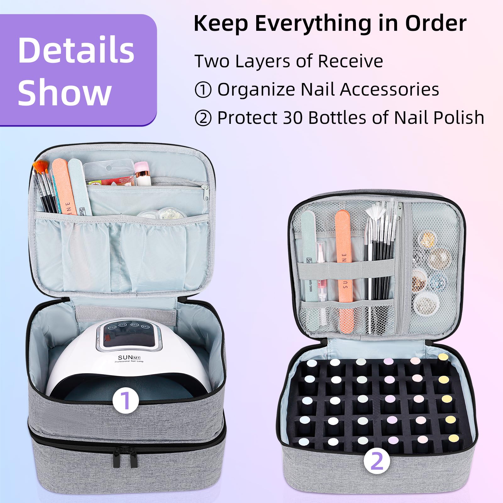 Double Layer Nail Polish Organizer Case - Holds 30 Bottles (15ml/0.5oz) for Nail Dryer Lamp - Portable Nail Storage for Nail Tech & Salon Professionals - Gray - Perfect for Travel, Home & Professional Salon Use