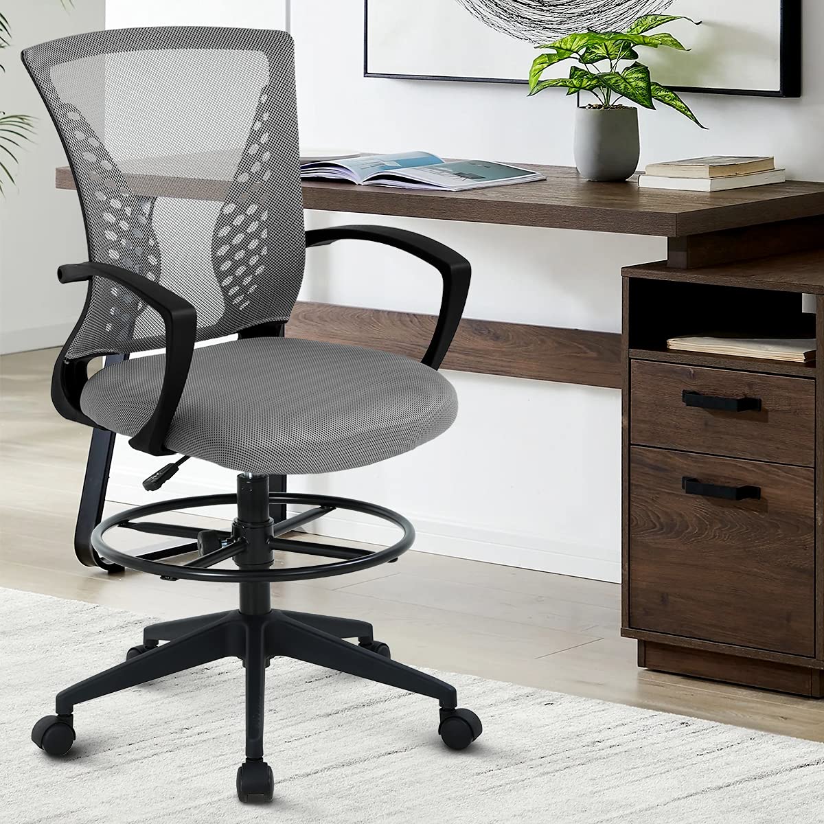 Ergonomic Adjustable Tall Office Chair with Arms & Footrest - Drafting Stool for Standing Desk, Rolling Swivel Mesh Task Chair for Adults (Grey) - Perfect for Home Office, Studio & Workspace