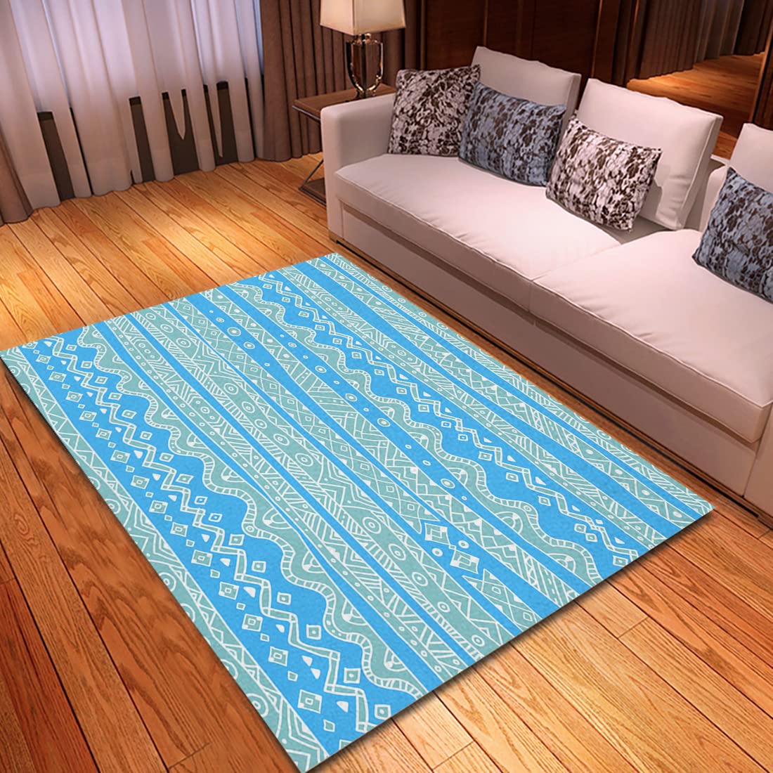 LOKMU 2.7x11 Feet Modern Area Rug - Soft Velvet Washable Carpet with Ethnic Pattern in Cool Colors for Living Room, Bedroom | Luxury Home Decor & Cozy Floor Mat for Family Gatherings, Relaxation