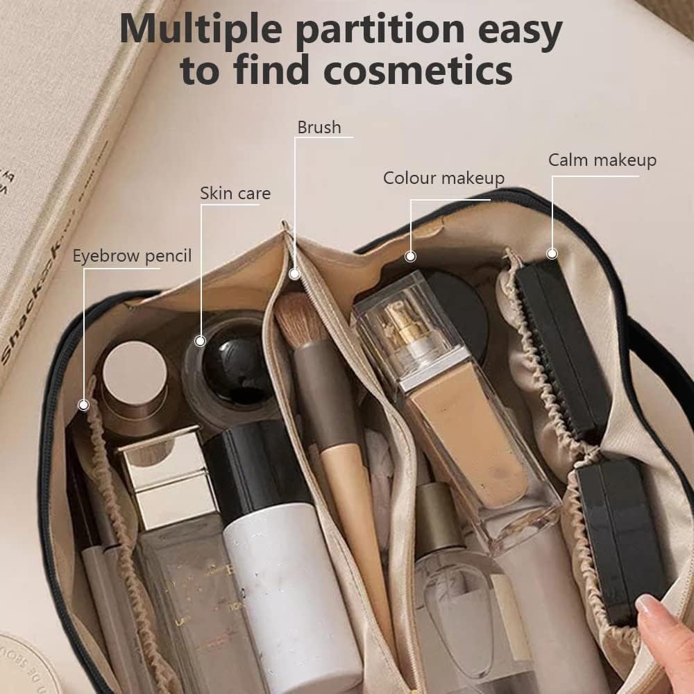 Waterproof Leather Travel Makeup Bag - Double Layer Cosmetic Organizer with Large Zipper Pouch for Women (Brown) | Perfect for Vacation, Gym & Daily Essentials Storage
