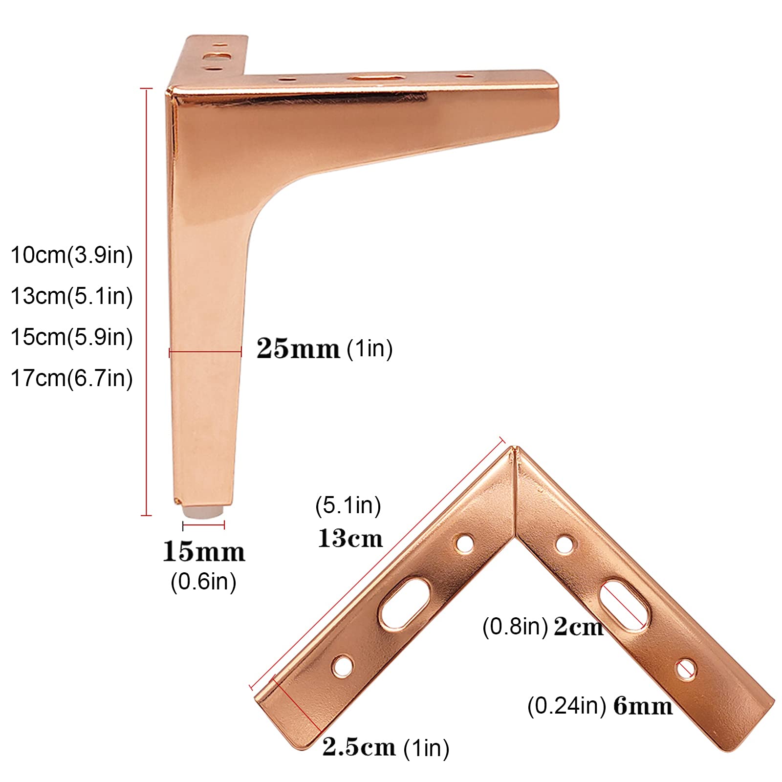 4 Pcs Rose Gold Metal Sofa Legs - Modern Diamond Triangle Furniture Feet for Cabinet, Cupboard, Chair, Coffee Table & Ottoman - 17cm Height with Screws - Perfect for Living Room, Bedroom & Office Decor