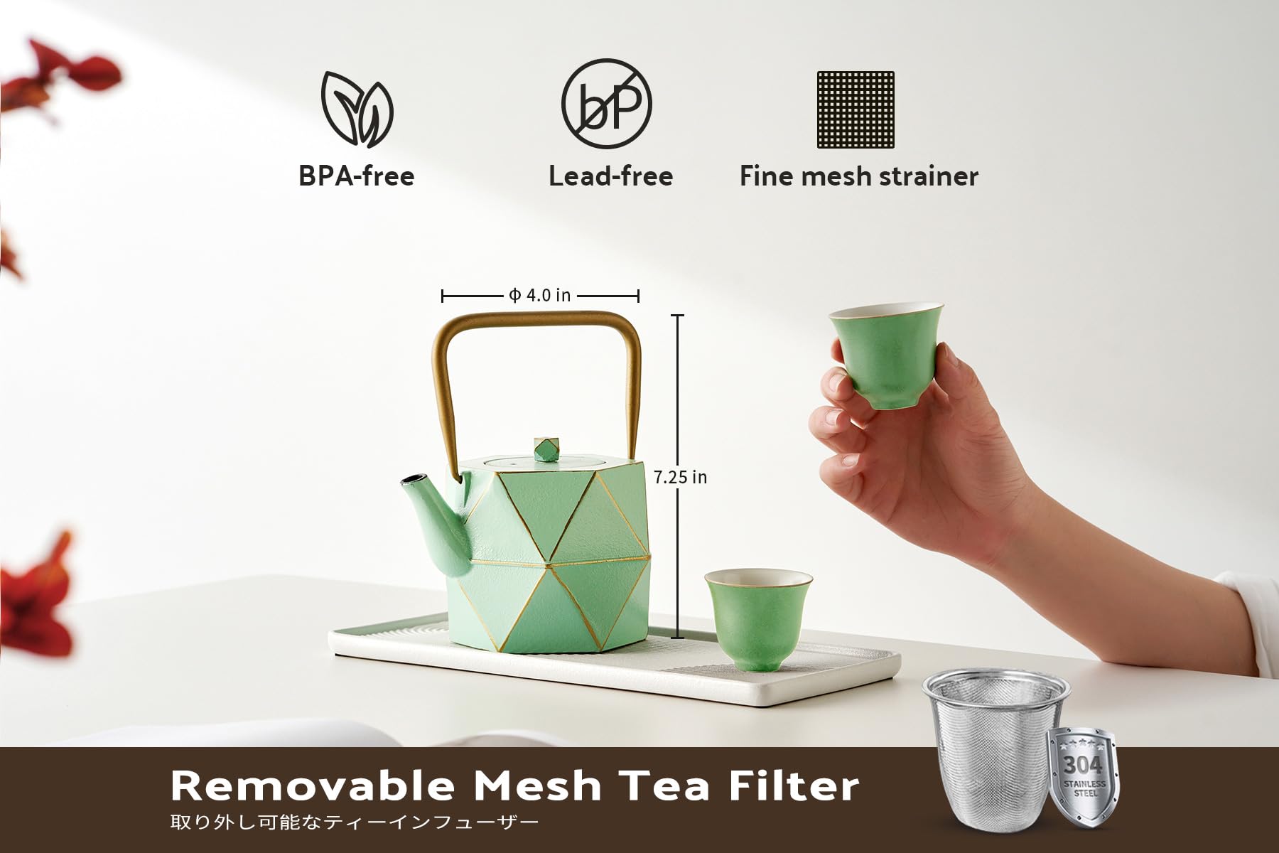 Premium Japanese Cast Iron Teapot with Removable Infuser - 30oz (900ml) Stovetop Safe Diamond Design Kettle for Loose Leaf Tea - Perfect for Home Brewing, Tea Ceremonies & Gift Giving - Light Green