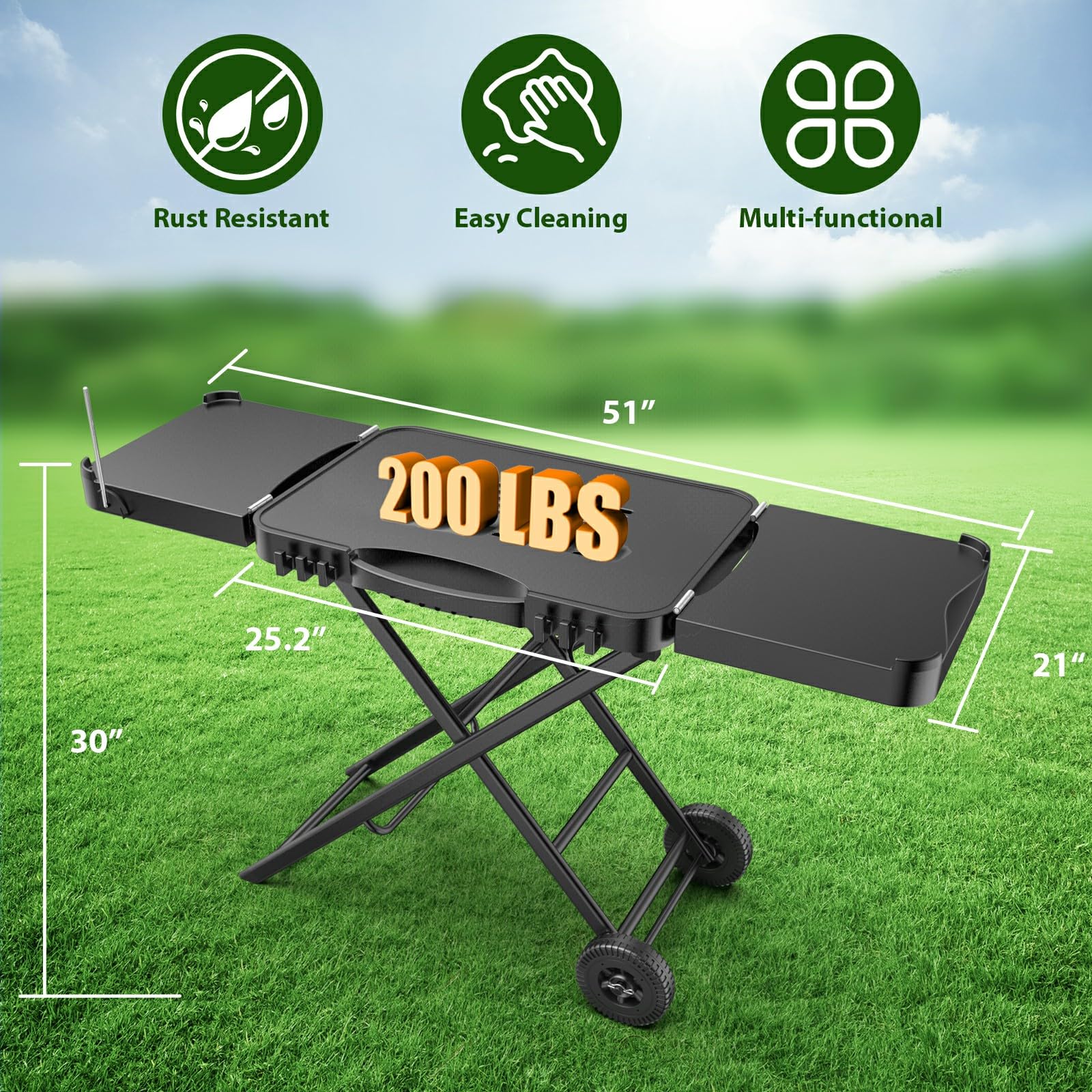 Portable Indoor Grill Table Stand for Ninja Woodfire Outdoor Grill (OG701 OG850 OG951 Series) - 51in Large Folding Camping Tailgating Table with Wheels for Blackstone Griddle, Onni Pizza Oven - Perfect for Backyard BBQ, Tailgate Parties & Outdoor Cooking