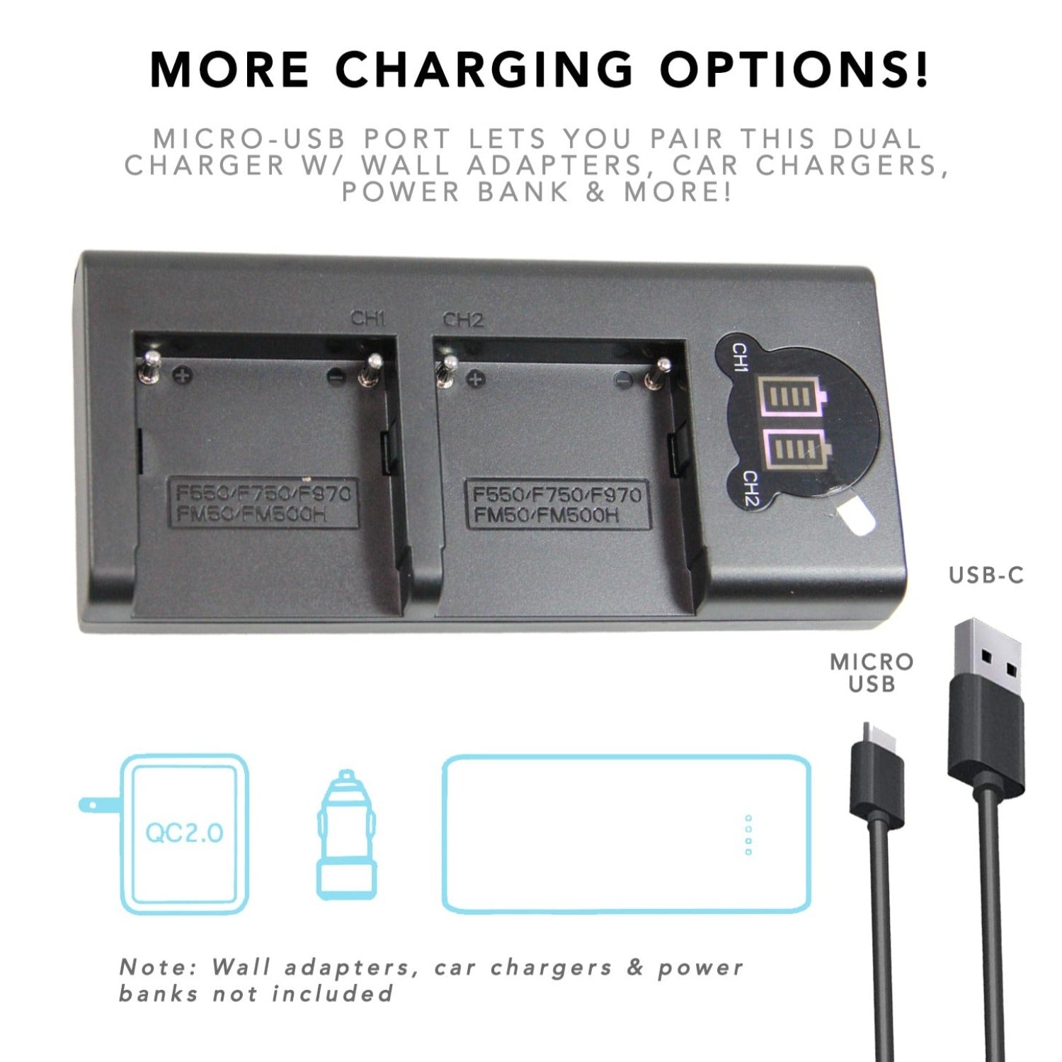 Sony FM50 FM55H FM500H QM71 Rapid Dual Battery Charger Replacement with LCD Screen & Micro USB Cable - Fast Charging for Cameras, Camcorders & Photography Gear