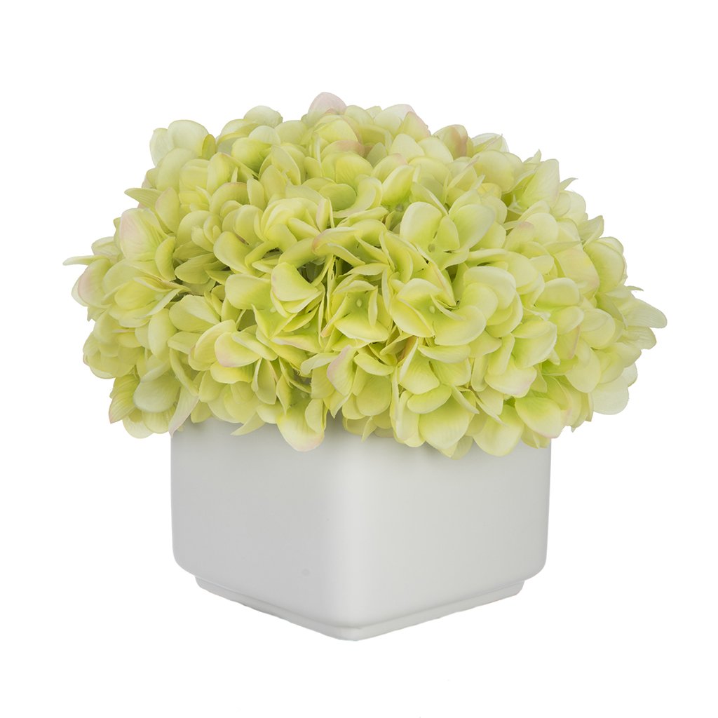 Artificial Hydrangea Silk Flowers in Small White Ceramic Cube Vase - Green - Home Decor, Wedding Centerpiece, Office Desk Decoration