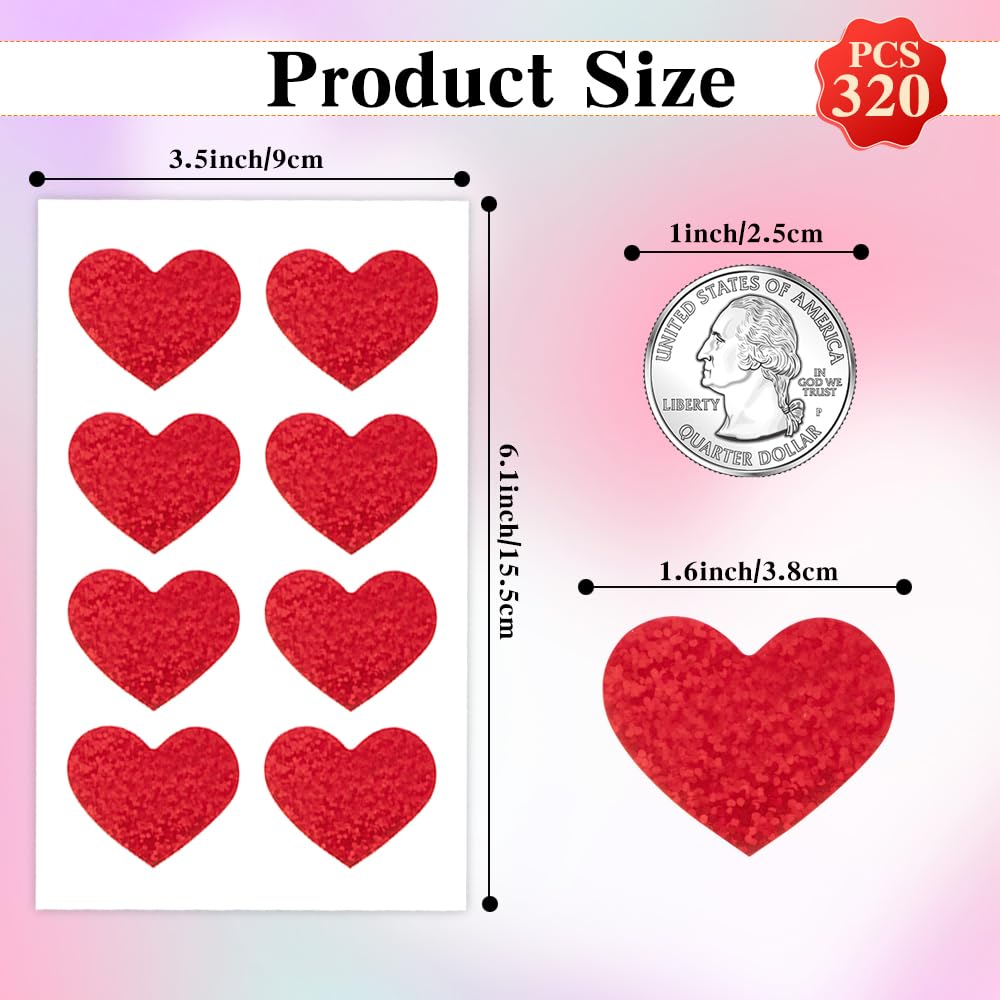 320 PCS Heart Stickers for Kids - 1.5 Inch Large Glitter Red Heart Shaped Self-Adhesive Stickers - Valentine's Day Love Decorative Labels - Perfect for Scrapbooking, Kids Reward Envelopes, DIY Crafts & Party Decorations