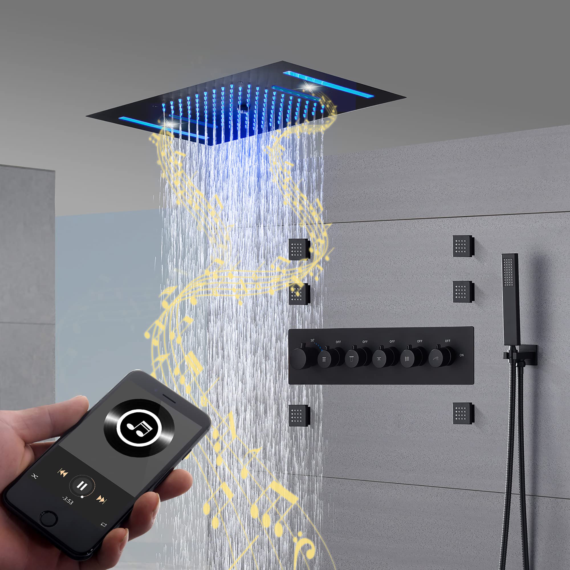 Cascada Luxury 15”x23” Music LED Shower System with Bluetooth Speakers, 5 Functions (Waterfall, Rain, Rain Curtain, Body Jets), Remote Control, 64 Color Lights, Matt Black - Perfect for Modern Bathrooms and Spa-Like Experiences