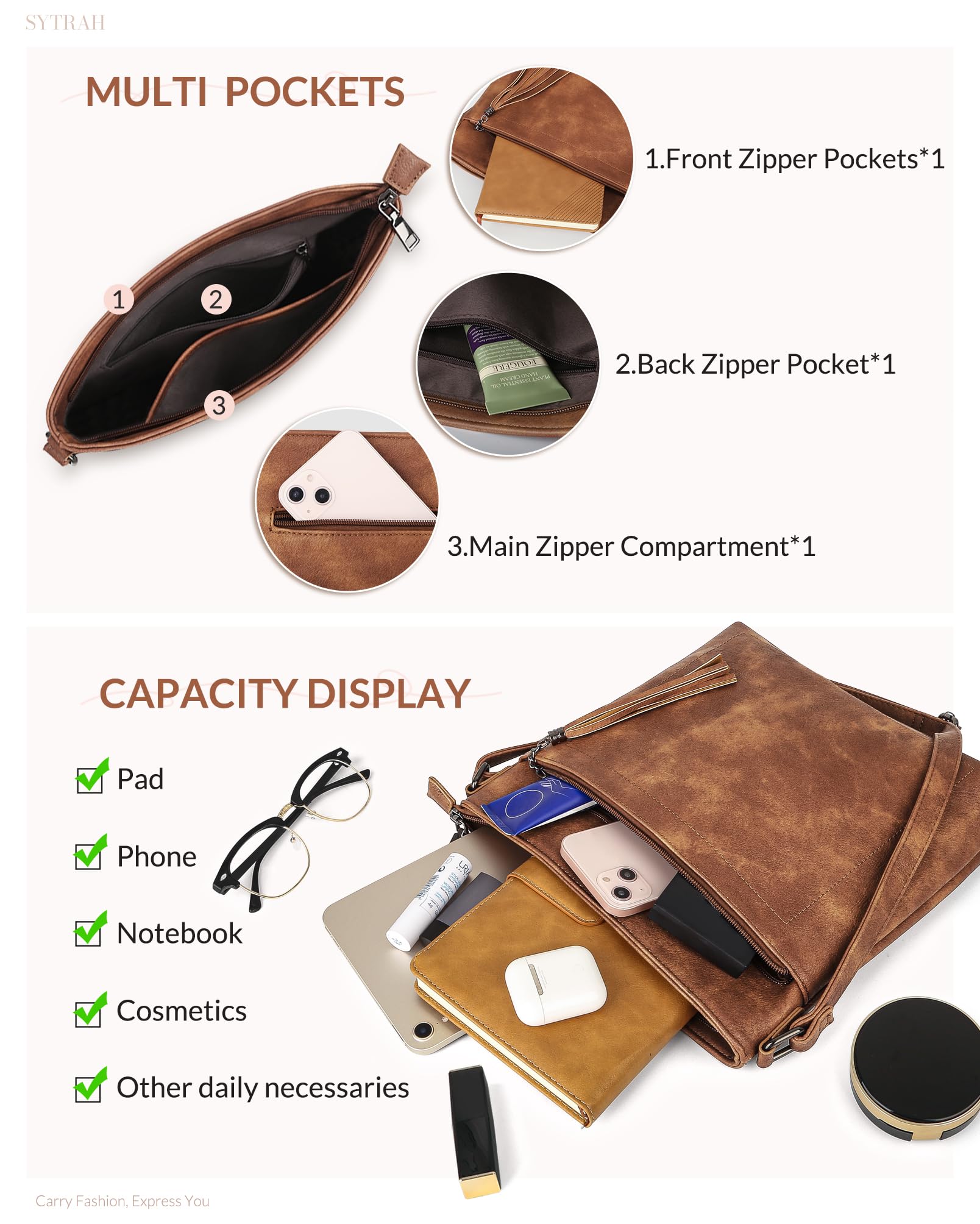 Premium Vegan Leather Crossbody Bag for Women - Adjustable Strap Lightweight Shoulder Purse with Tassel | Perfect for Work, Travel & Everyday Use