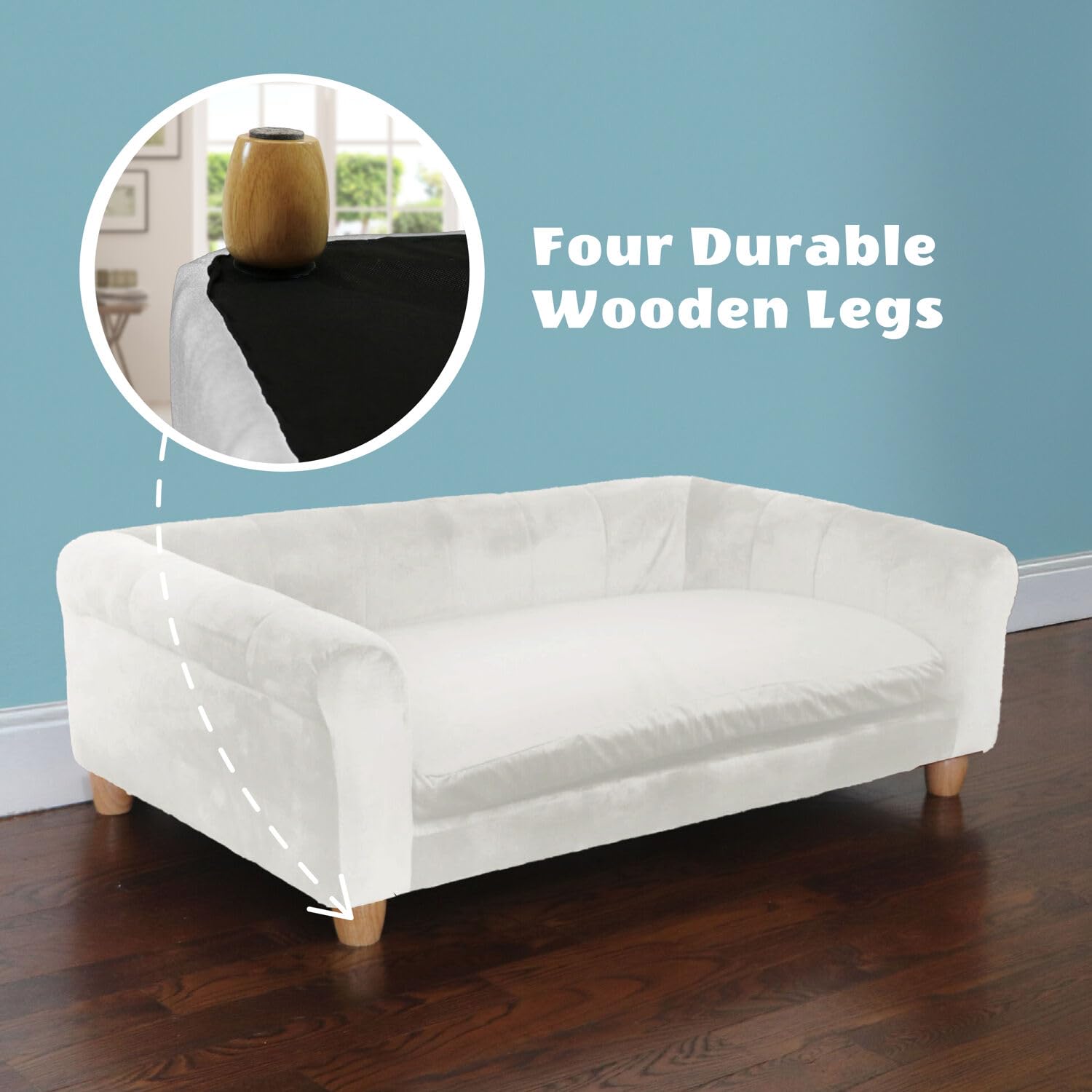 Critter Sitters 42-Inch Elegant Cream Faux-Velvet Rectangular Dog Sofa Bed - Durable Elevated Pet Couch for Medium & Large Dogs - Comfortable Modern Stylish Dog Furniture for Living Room, Bedroom & Pet-Friendly Spaces