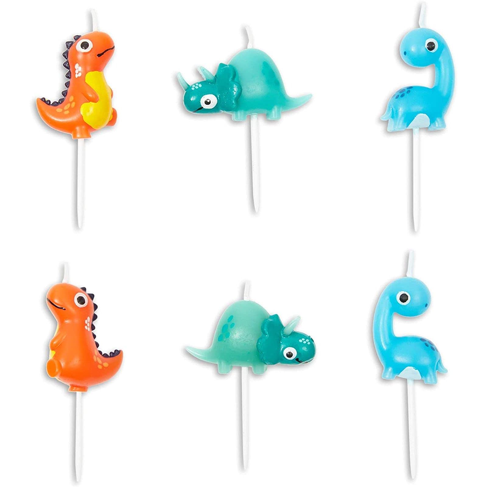 BLUE PANDA - 18-Pack 3D Dinosaur Cake Toppers with Thin Candles & Holders for Birthday Party Decorations, Dino Themed Cakes, Kids Celebrations and Special Events