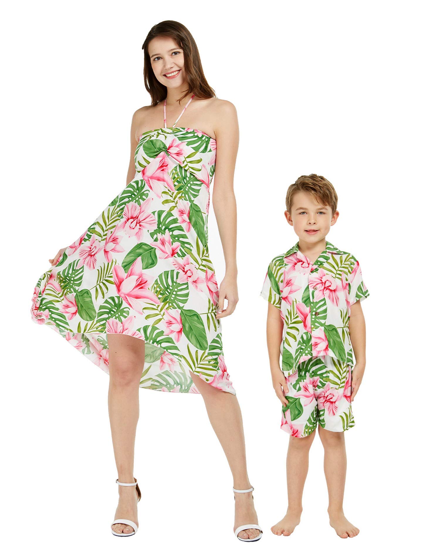 Matching Mother and Son Hawaiian Luau Outfit - Floral Print Dress & Shirt Set in Wispy Cereus Black | Tropical Vacation, Beach Party, Family Photo Outfits