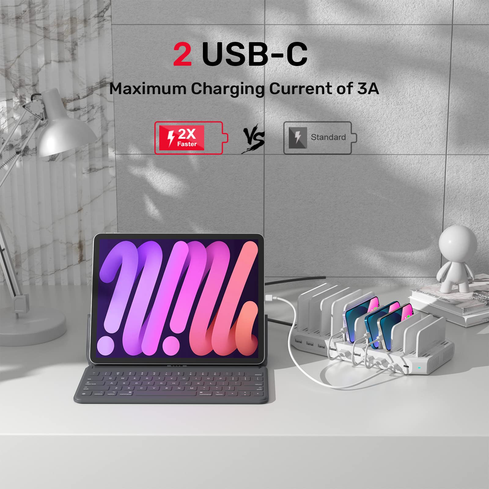 Unitek 120W 10-Port USB C Charging Station - Fast Charging for iPhone, iPad & Smartphones - Perfect for Office & Home Use