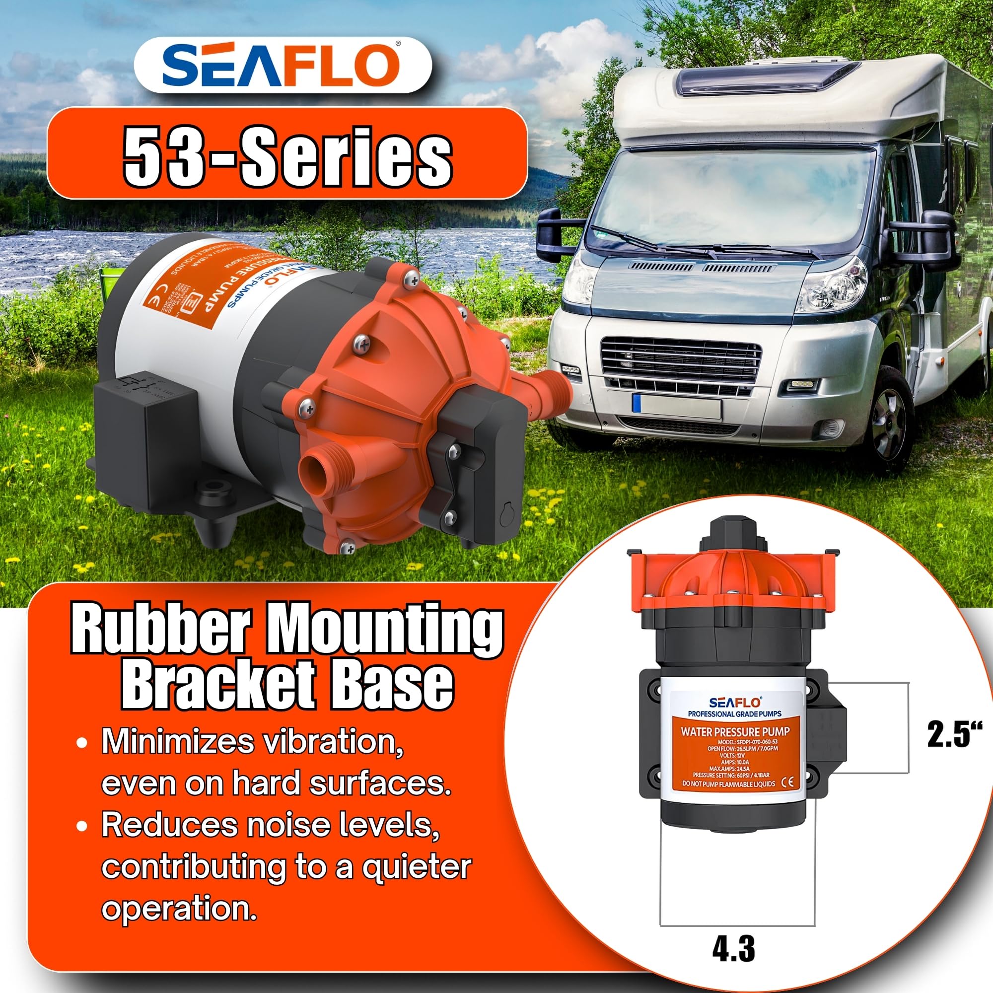 SEAFLO 53-Series 12V DC Diaphragm Water Pump 7.0 GPM 60 PSI - Heavy Duty Self-Priming Marine/RV Pump with Pressure Switch | Continuous Duty for Boats, Campers, Off-Grid Water Systems | 4-Year Warranty