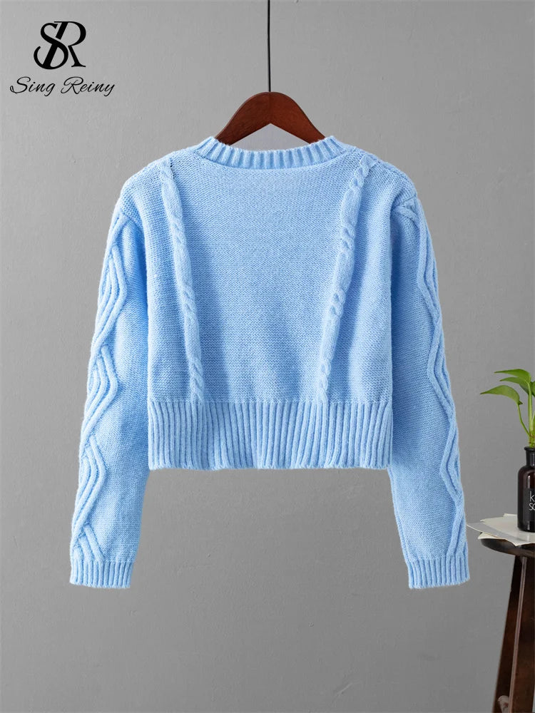 3D Cherry Print O-Neck Long Sleeve Pearl Button Knit Sweater for Women - Cozy Winter Pullover for Casual Wear & Office Outfits