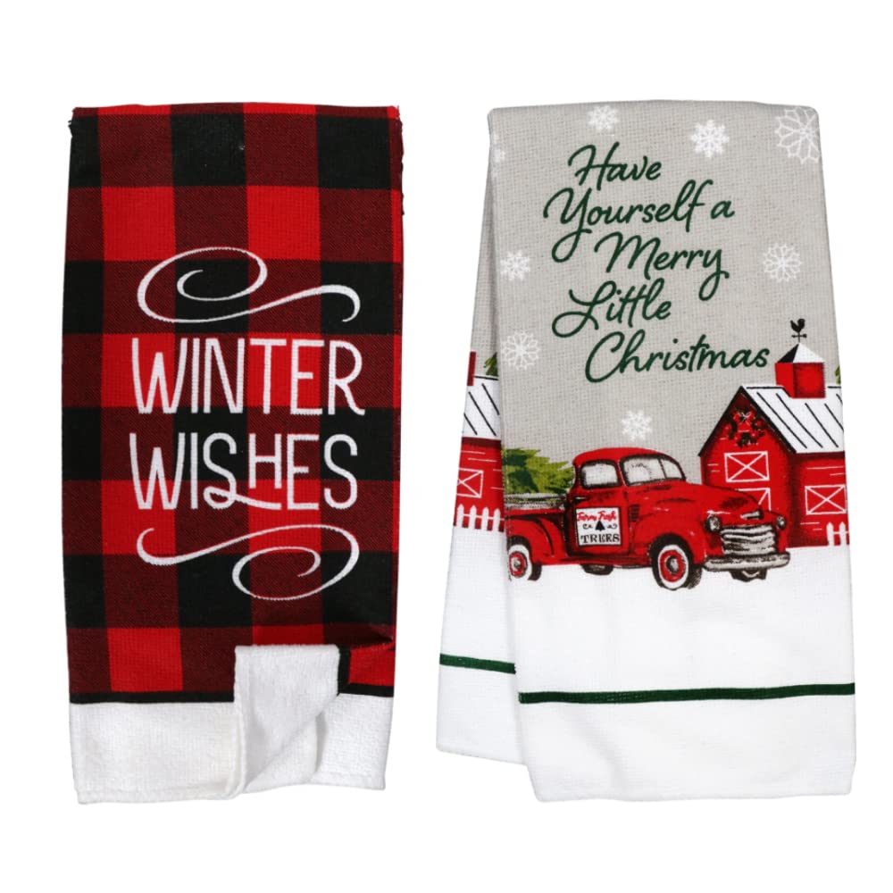 Christmas Towels Set of 2 - Holiday Kitchen & Bathroom Hand Towels - Festive Winter Wishes Design for Home Decor, Gift Giving & Holiday Entertaining