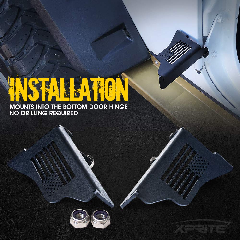 Xprite Wrangler JK JKU Foot Pegs - Heavy Duty Metal Steel Front Rest Pedals with US Flag Design - Compatible with 2007-2018 Jeep Wrangler (Pair) - Perfect for Off-Roading & Adventure Accessories