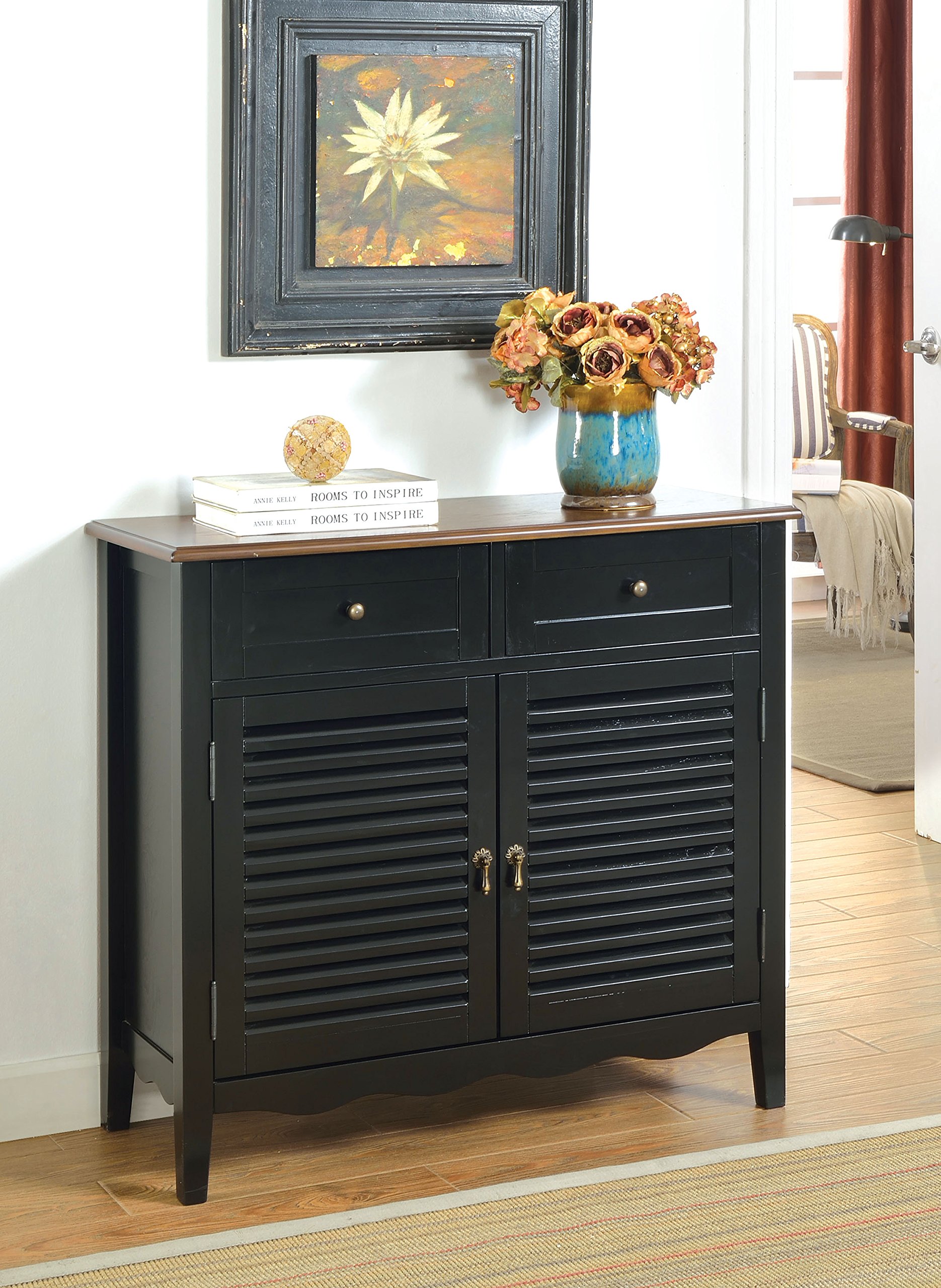 Furniture of America Mallia Country Louver Storage Cabinet - Black Wooden TV Stand, Bookshelf & Entryway Organizer for Living Room, Bedroom & Office