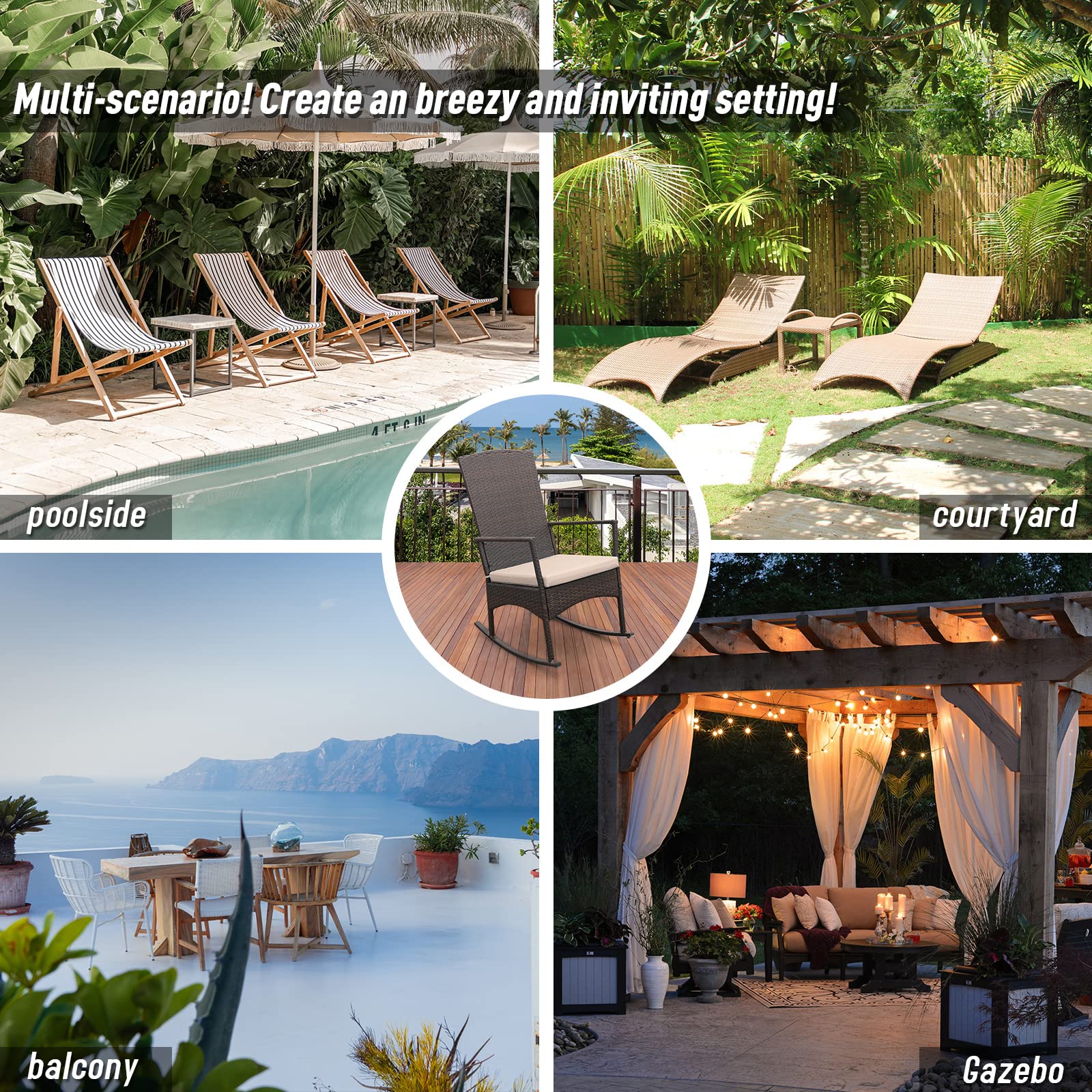 Outdoor PE Wicker Rocking Chair Set - 3-Piece Patio Furniture with 2 Rocking Armchairs & Glass Coffee Table, Washable Rattan Cushions (Khaki) - Perfect for Garden, Porch, and Backyard Relaxation