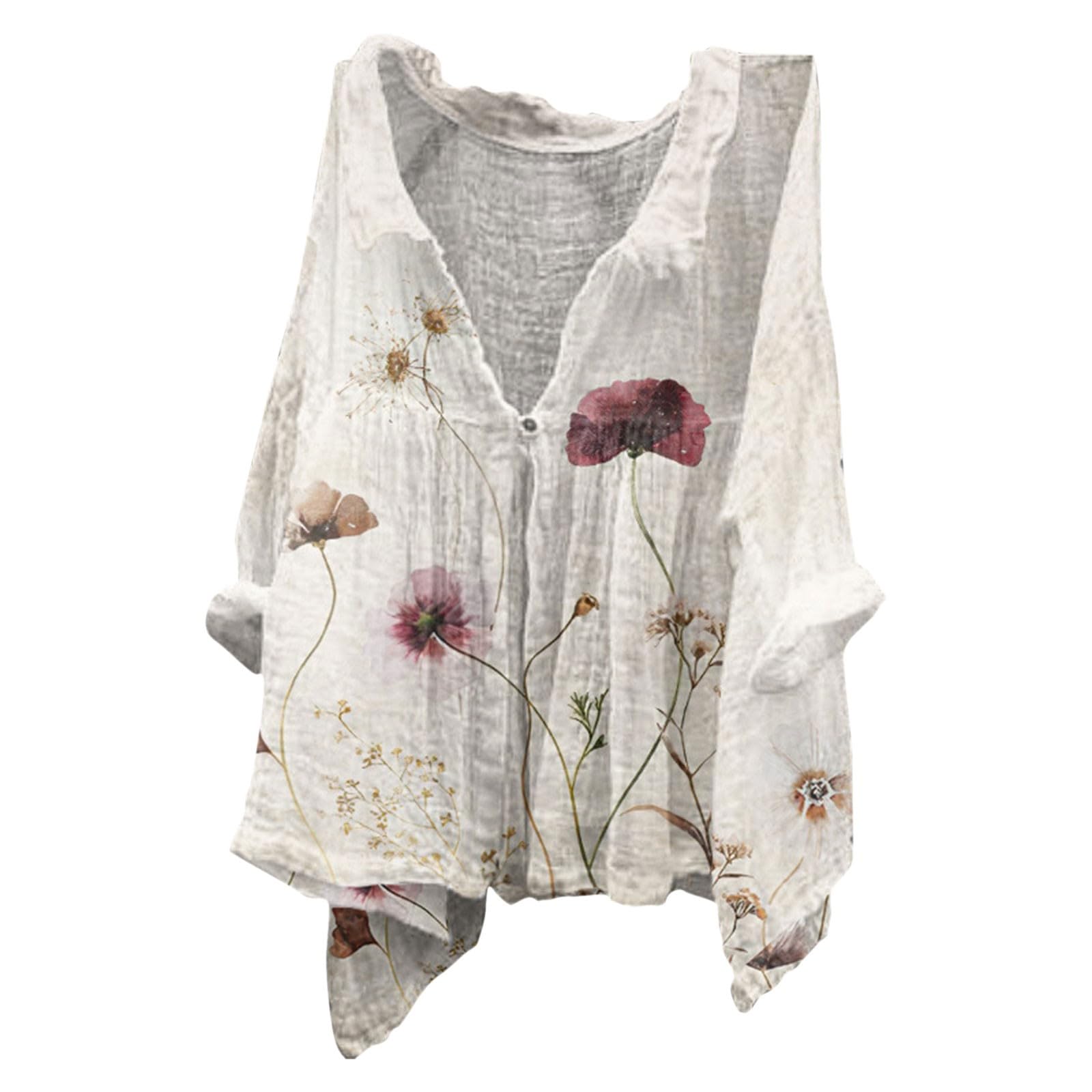 Women's Summer Tops 2024 - Casual Linen Floral Printed Short Sleeve Shirts, V-Neck Baggy Tunic Blouse for Beach & Vacation Wear | Trendy Loose Fit Tee for Women, Plus Size Options Available