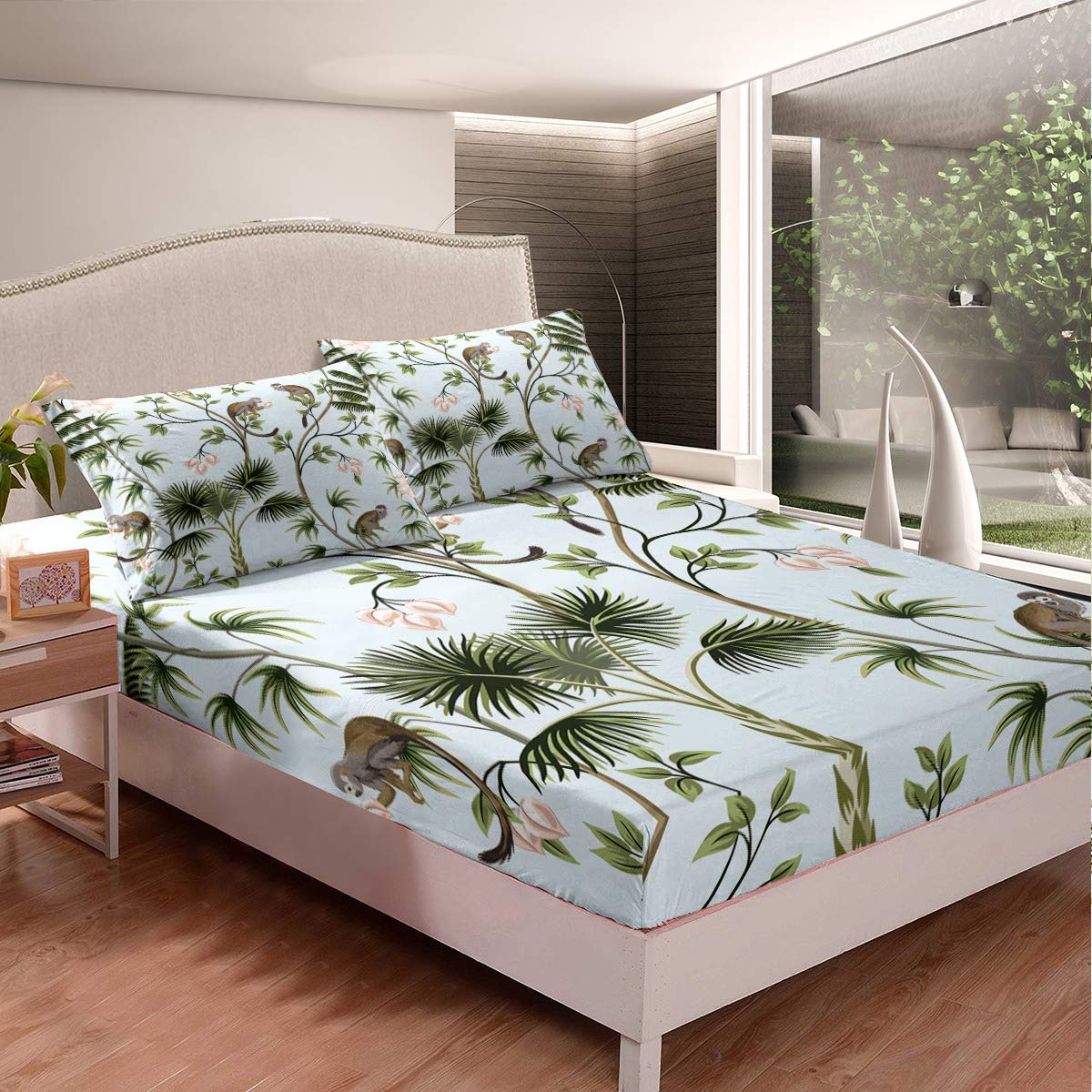 Queen Size Cartoon Monkey Pattern Duvet Cover Set - 3 Piece Microfiber Bedding with Pink Flowers & Green Trees for Boys & Girls - Soft White Fitted Sheet & 2 Pillowcases - Perfect for Kids' Bedrooms, Dorm Rooms & Gift Giving
